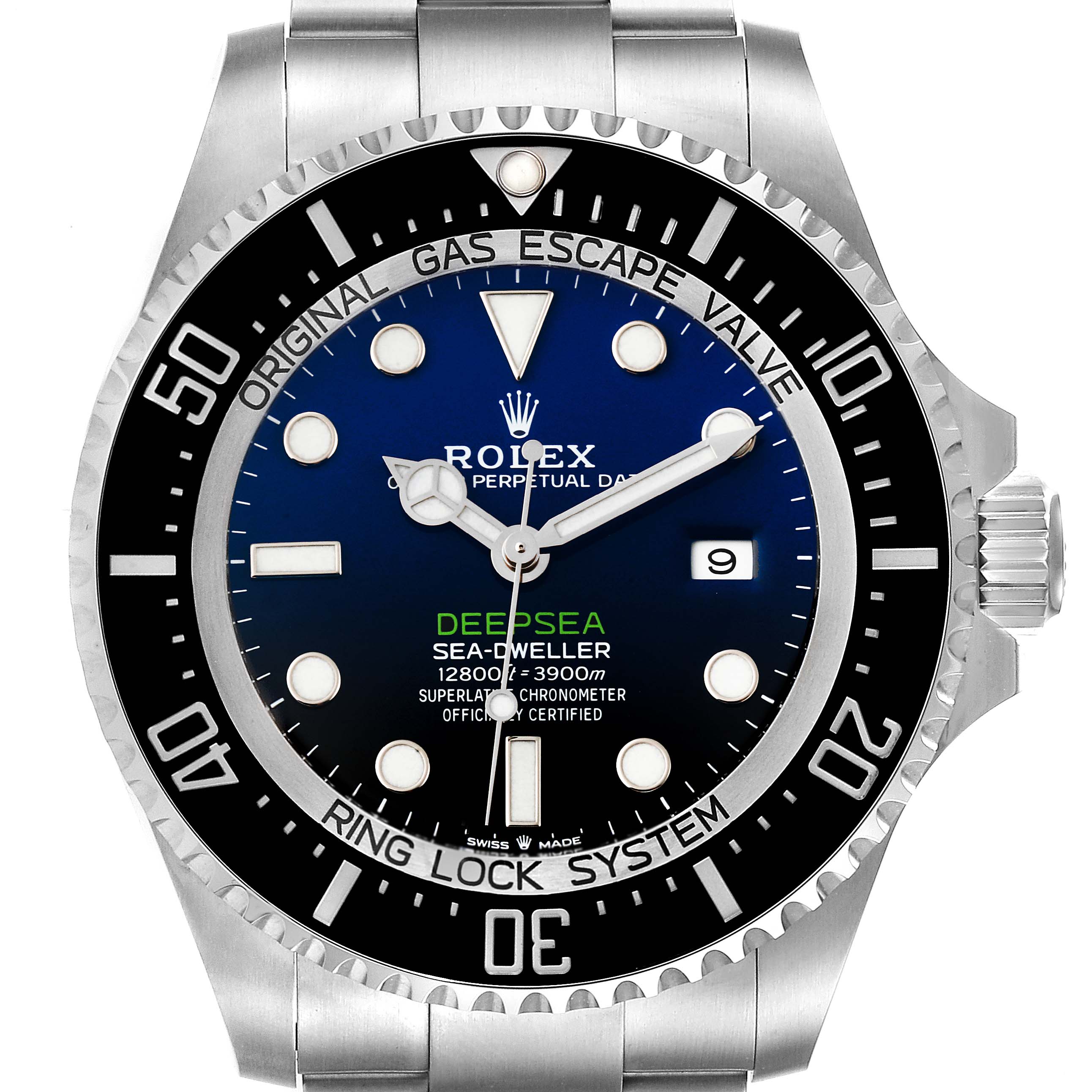 This image shows a front view of the Rolex Sea-Dweller 126660 Men
s Stainless Steel Blue Dial 126660 Men
s Stainless Steel Blue Dial Deepsea watch, highlighting its dial, hands, bezel, and part of the bracelet.