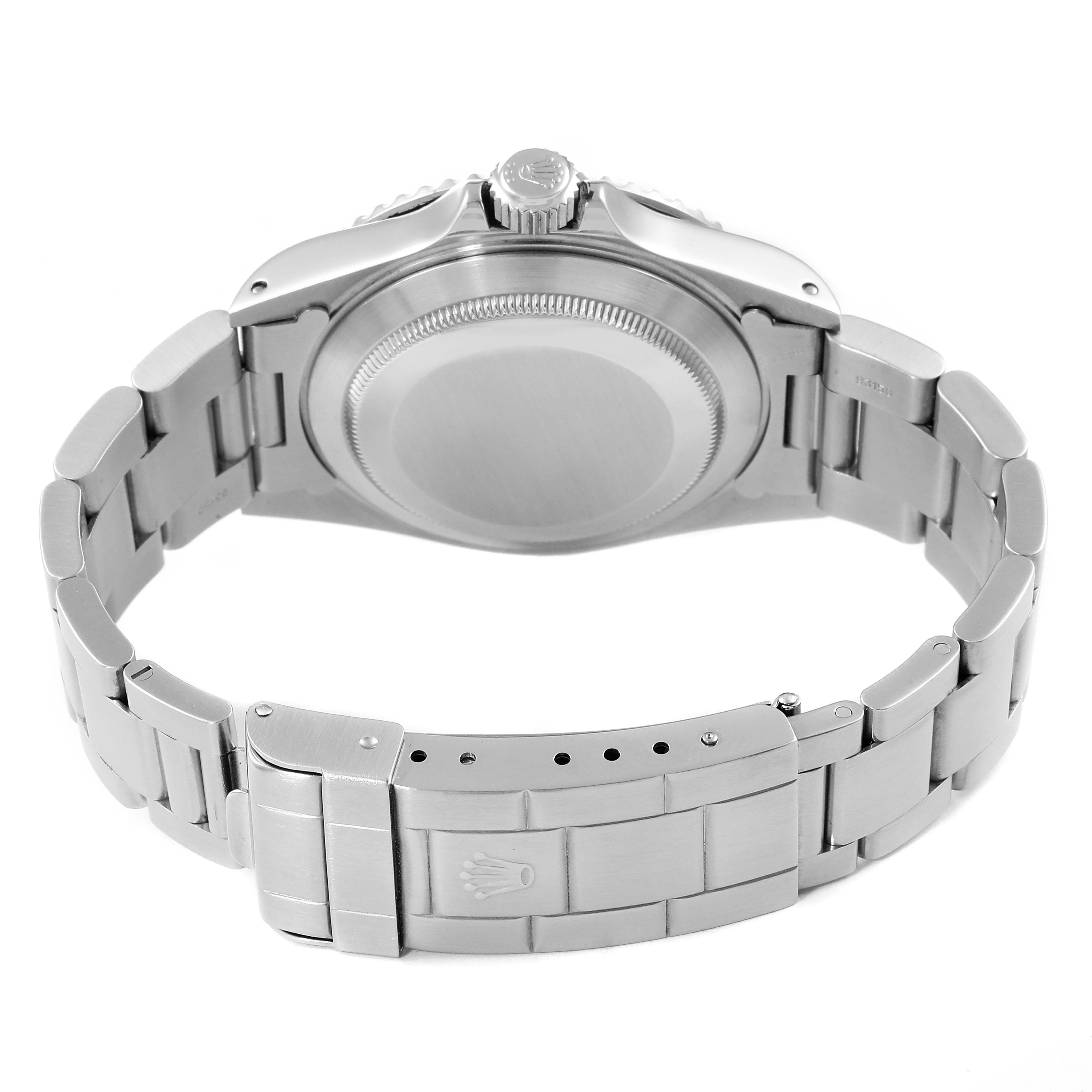 The image shows the back view of a Rolex Submariner 14060 Men
s Stainless Steel Black Dial 14060 Men
s Stainless Steel Black Dial watch, focusing on the case back, bracelet, and clasp.