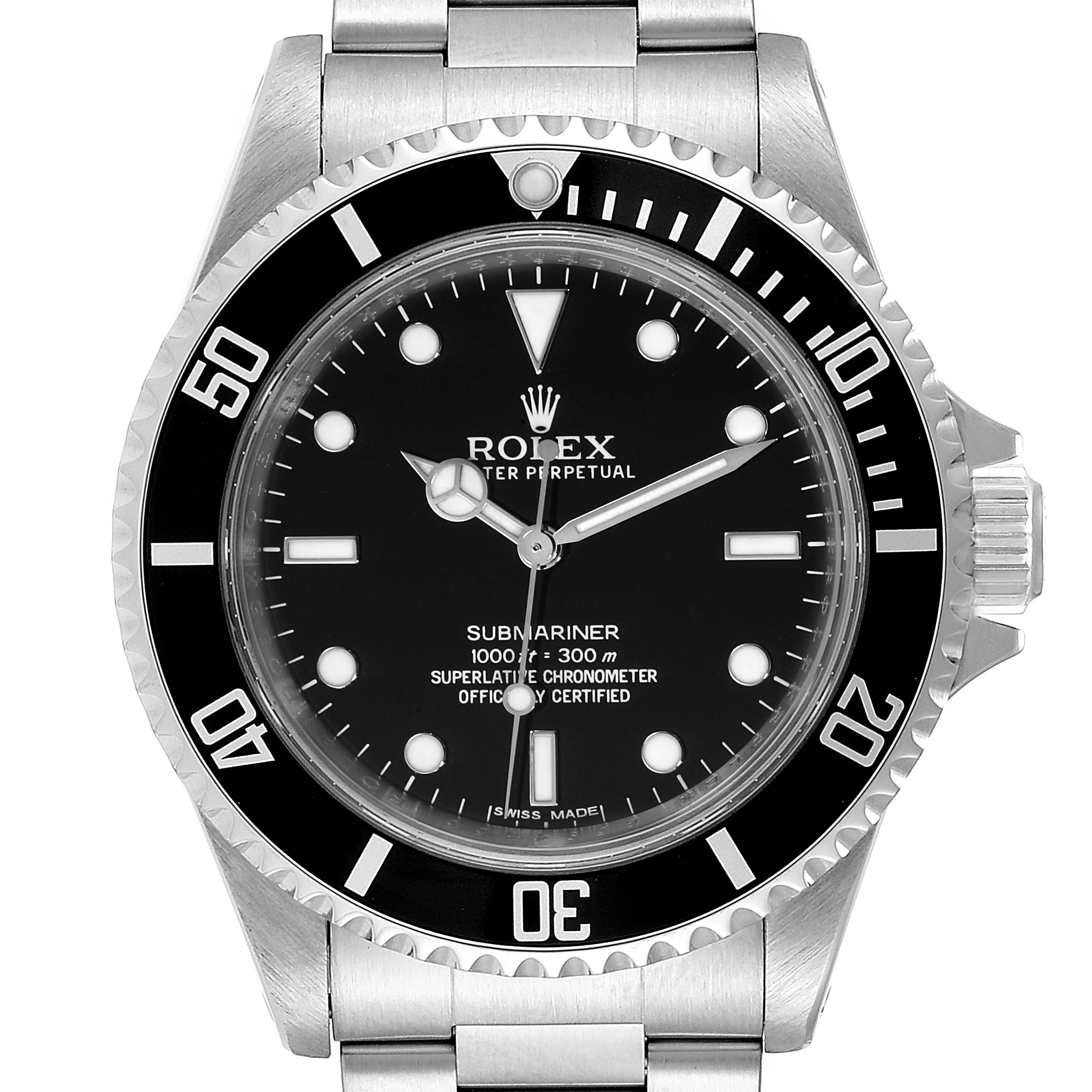 This image shows a front view of the Rolex Submariner 14060 Men
s Stainless Steel Black Dial 14060 Men
s Stainless Steel Black Dial watch, including the black dial, bezel, and stainless steel bracelet.