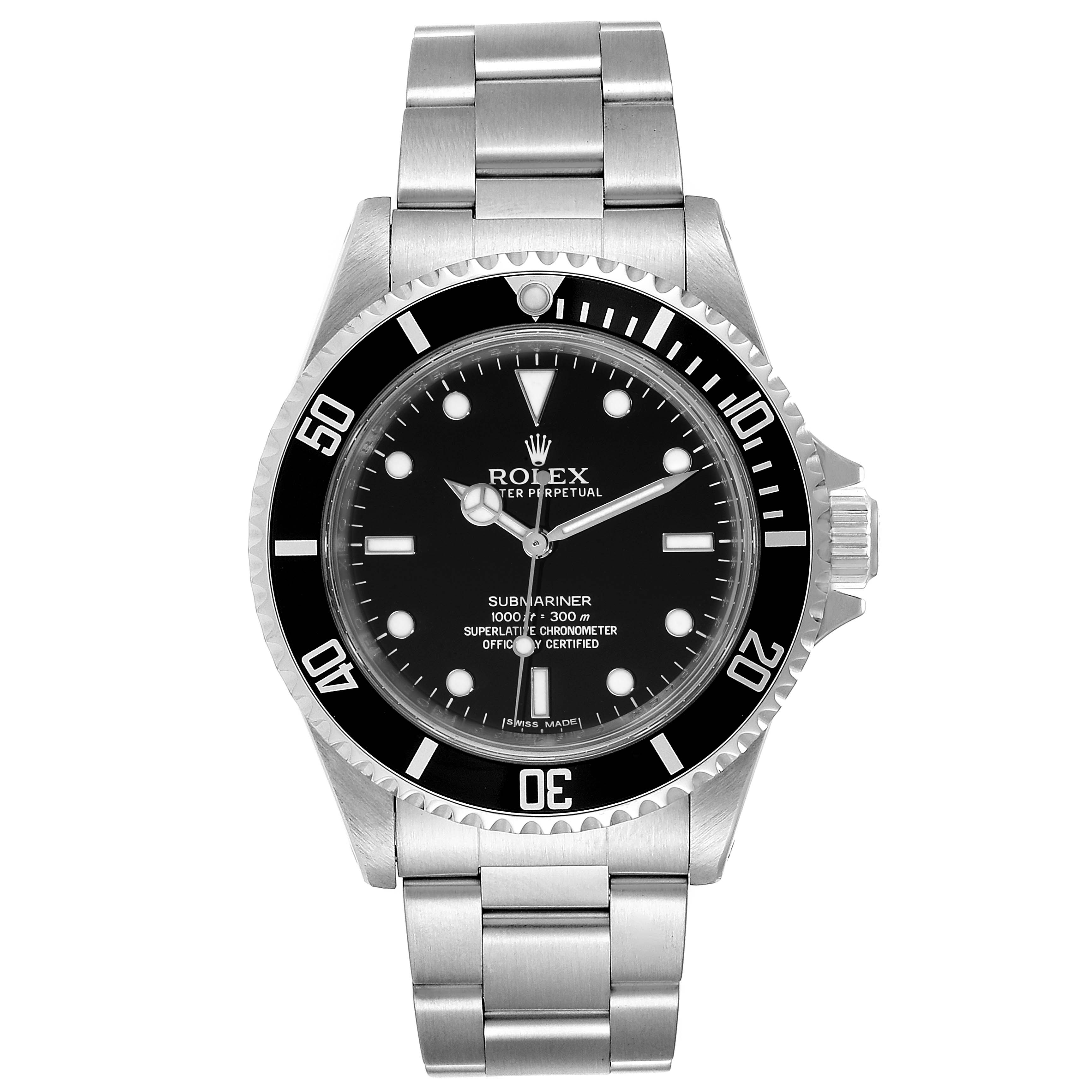 The image shows a top view of the Rolex Submariner 14060 Men
s Stainless Steel Black Dial 14060 Men
s Stainless Steel Black Dial watch, highlighting its black dial, bezel, and stainless steel bracelet.