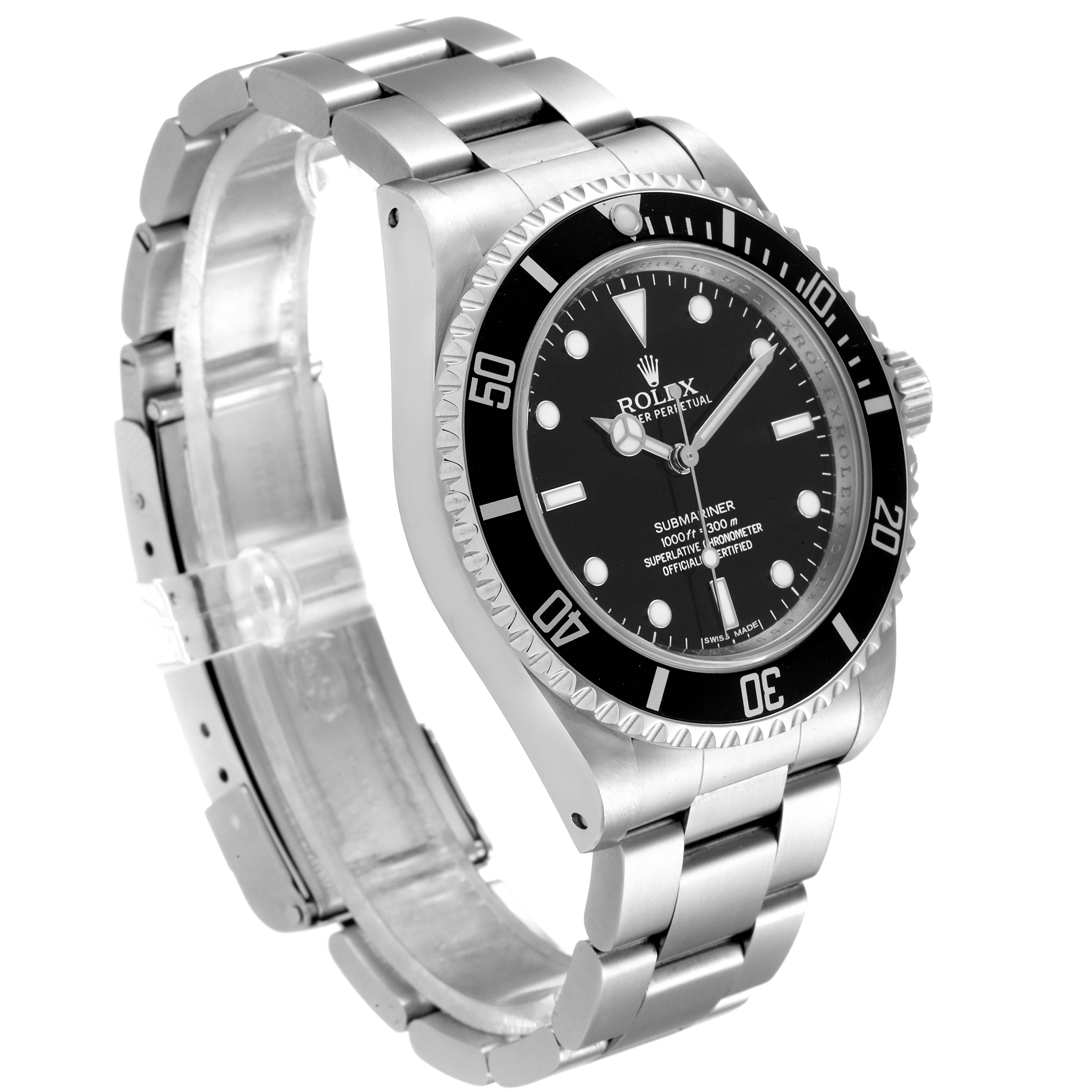 The image shows a side-angle view of a Rolex Submariner 14060 Men
s Stainless Steel Black Dial 14060 Men
s Stainless Steel Black Dial, displaying the bezel, dial, and bracelet.