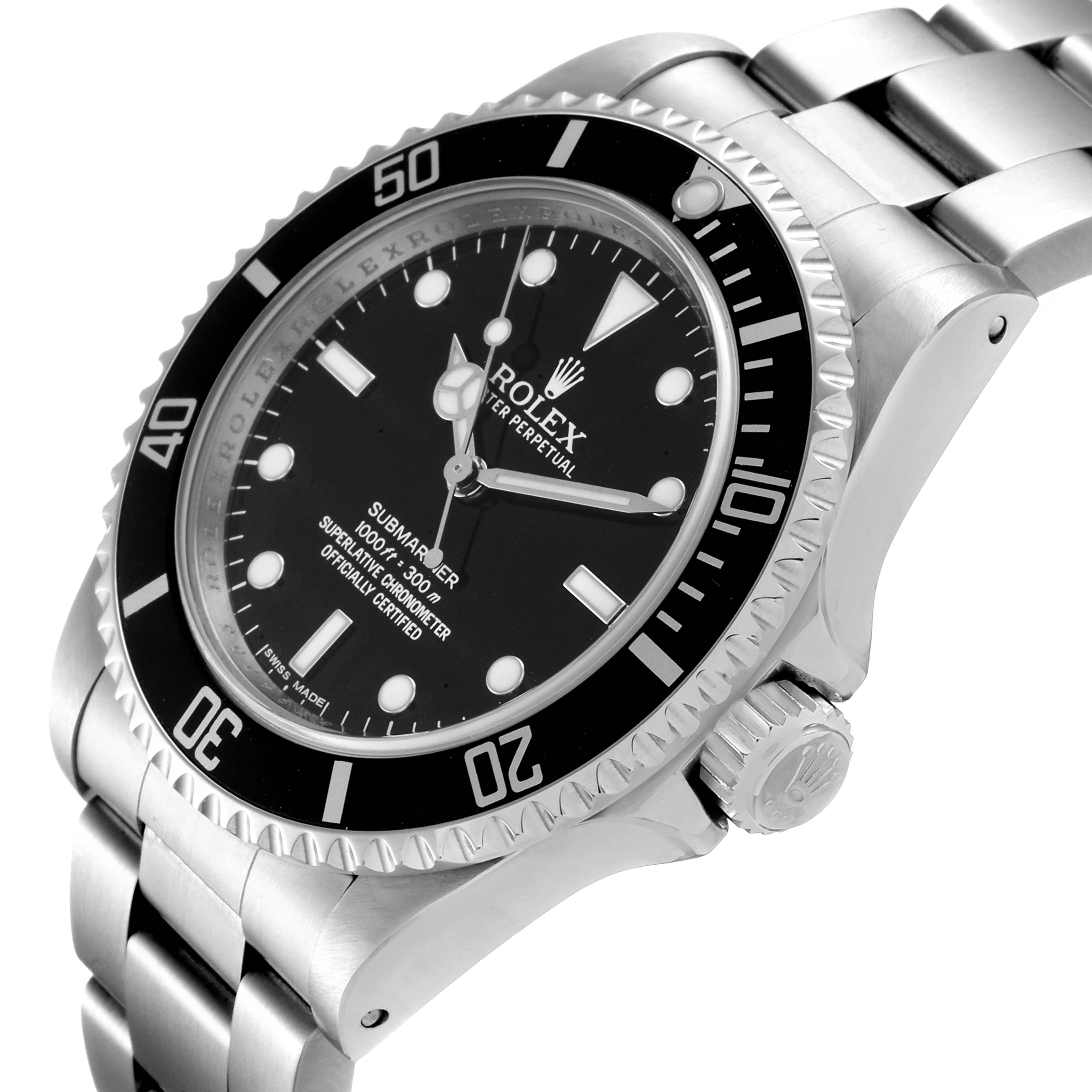 This image shows a Rolex Submariner 14060 Men
s Stainless Steel Black Dial 14060 Men
s Stainless Steel Black Dial watch at an angle highlighting the bezel, dial, crown, and part of the bracelet.