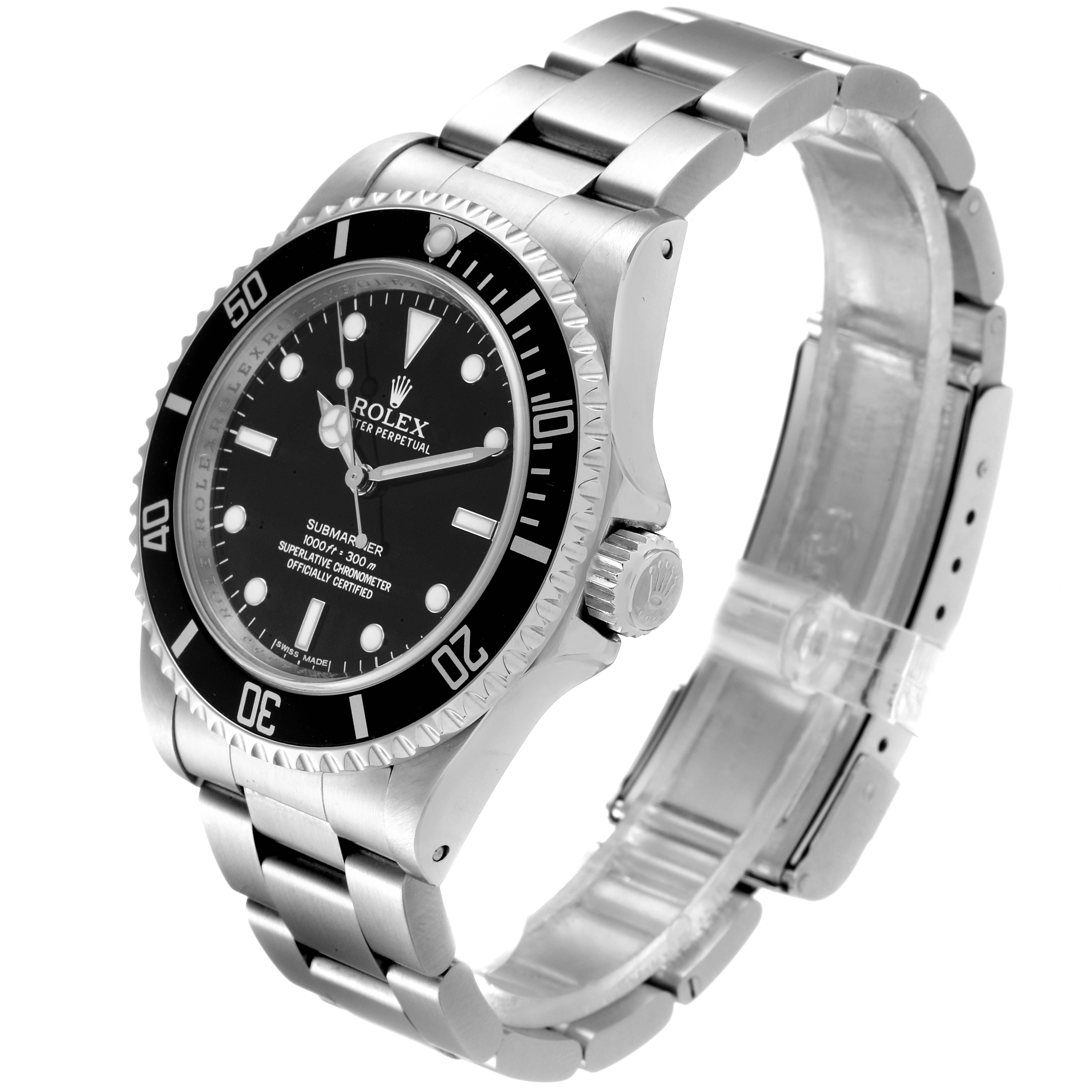 The image shows a Rolex Submariner 14060 Men
s Stainless Steel Black Dial 14060 Men
s Stainless Steel Black Dial watch at a three-quarter angle, displaying the dial, bezel, crown, and strap.