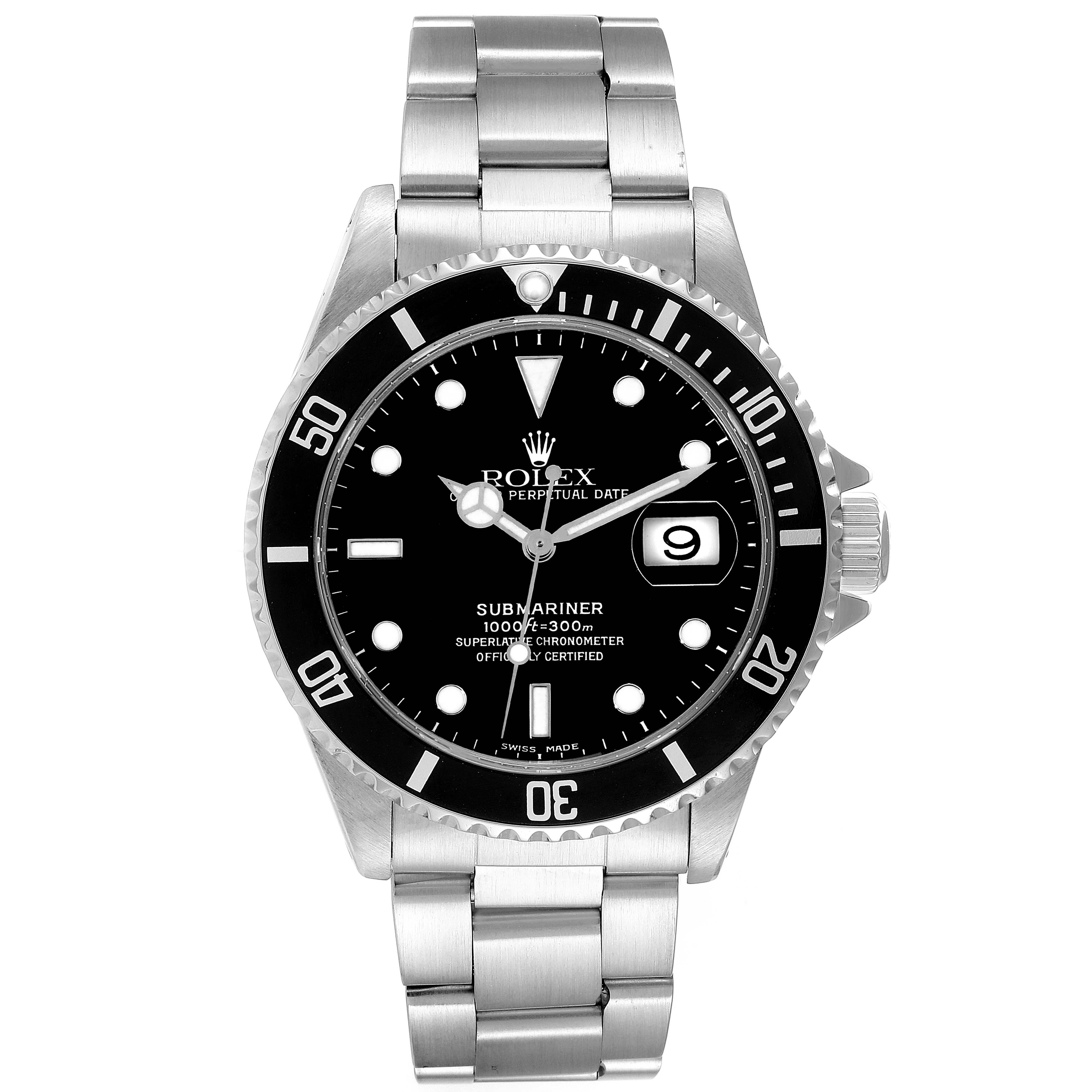 The image shows a front view of a Rolex Submariner 16610 Men
s Stainless Steel Black Dial 16610 Men
s Stainless Steel Black Dial watch, displaying the dial, bezel, bracelet, and crown.