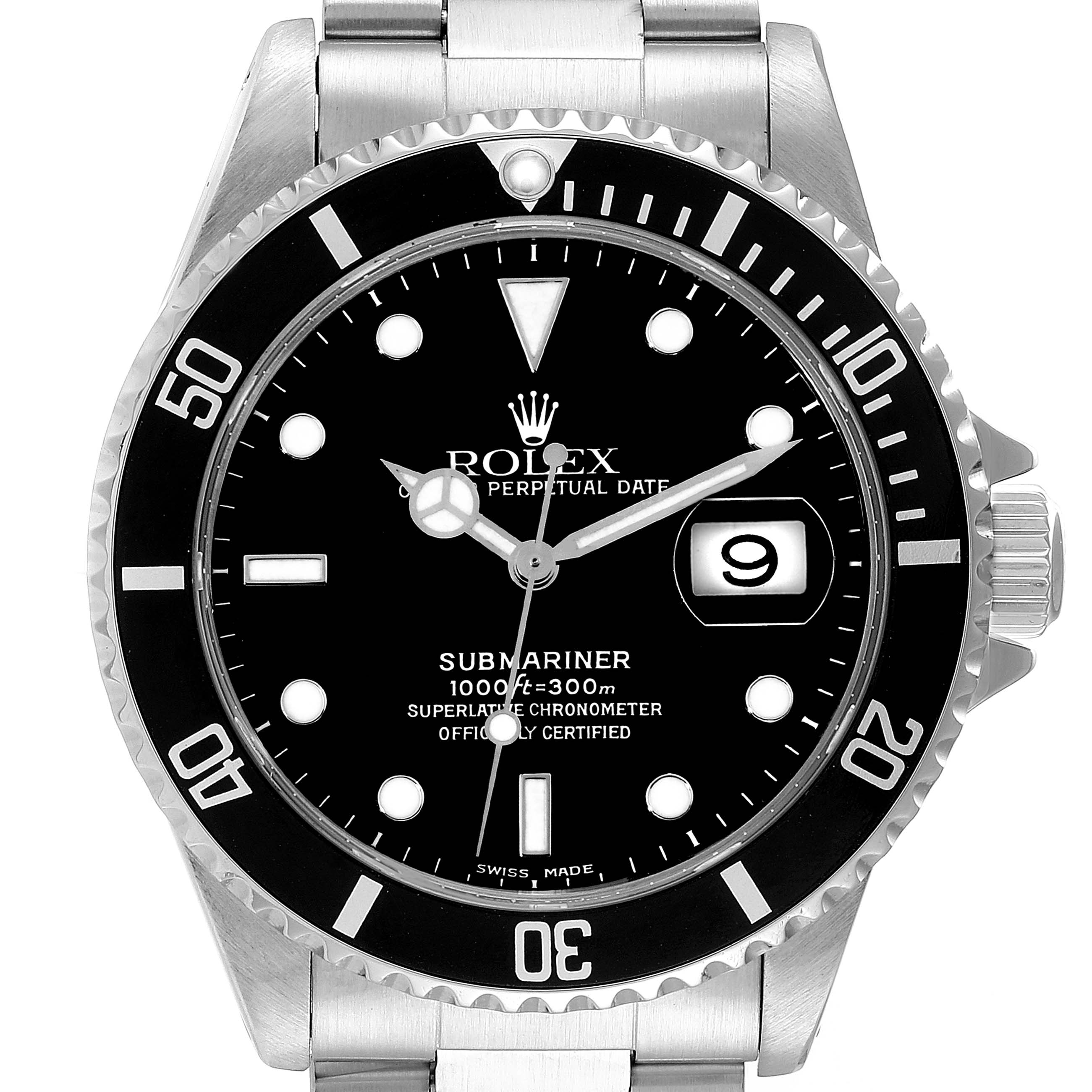 The image shows a front view of the Rolex Submariner 16610 Men
s Stainless Steel Black Dial 16610 Men
s Stainless Steel Black Dial watch displaying the dial, bezel, and part of the bracelet.