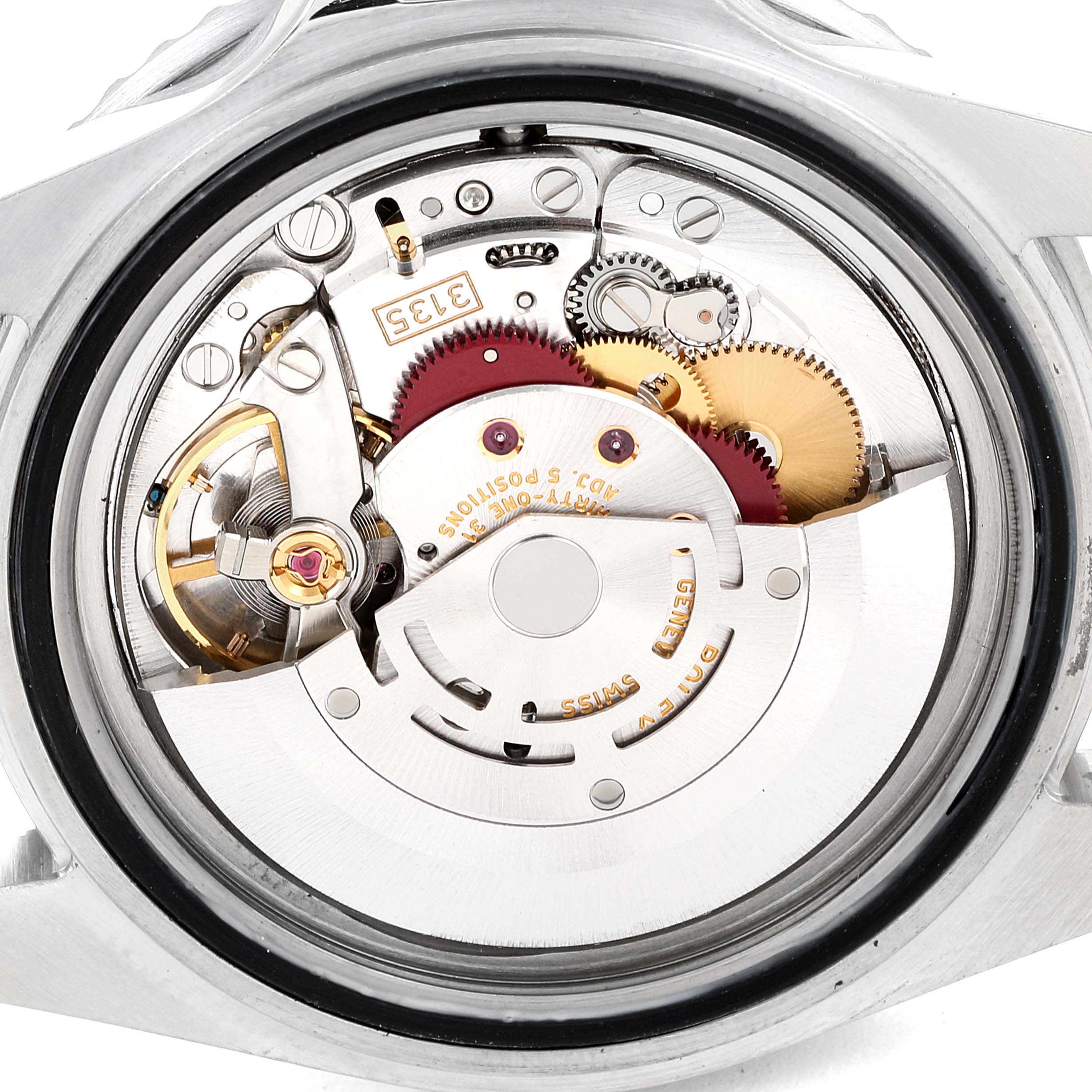 The image shows the internal mechanical movement of a Rolex Submariner 16610 Men
s Stainless Steel Black Dial 16610 Men
s Stainless Steel Black Dial watch, viewed from the back.