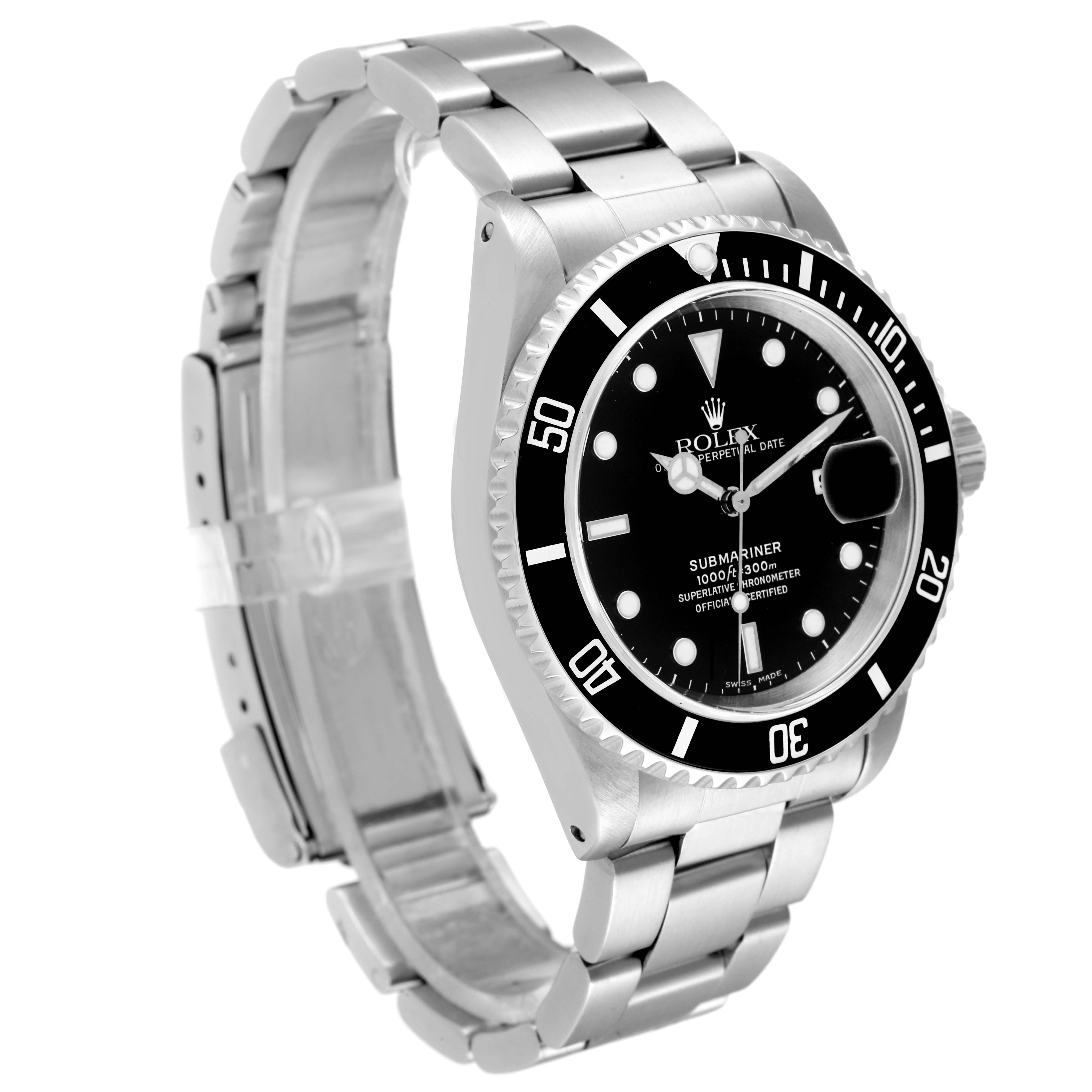 The image shows a Rolex Submariner 16610 Men
s Stainless Steel Black Dial 16610 Men
s Stainless Steel Black Dial watch from a front-left angle, displaying the bezel, dial, and bracelet.