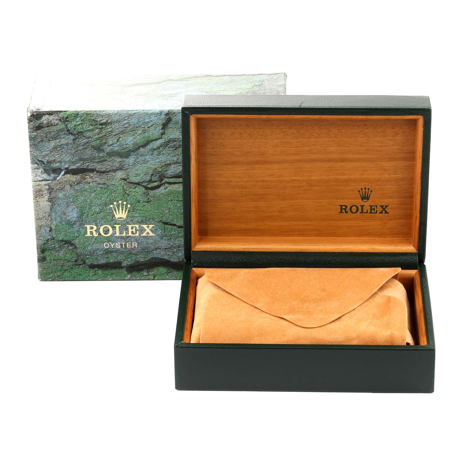 The image shows a Rolex Submariner 16610 Men
s Stainless Steel Black Dial 16610 Men
s Stainless Steel Black Dial watch box and an outer box, with the inner case open, revealing a suede pouch.