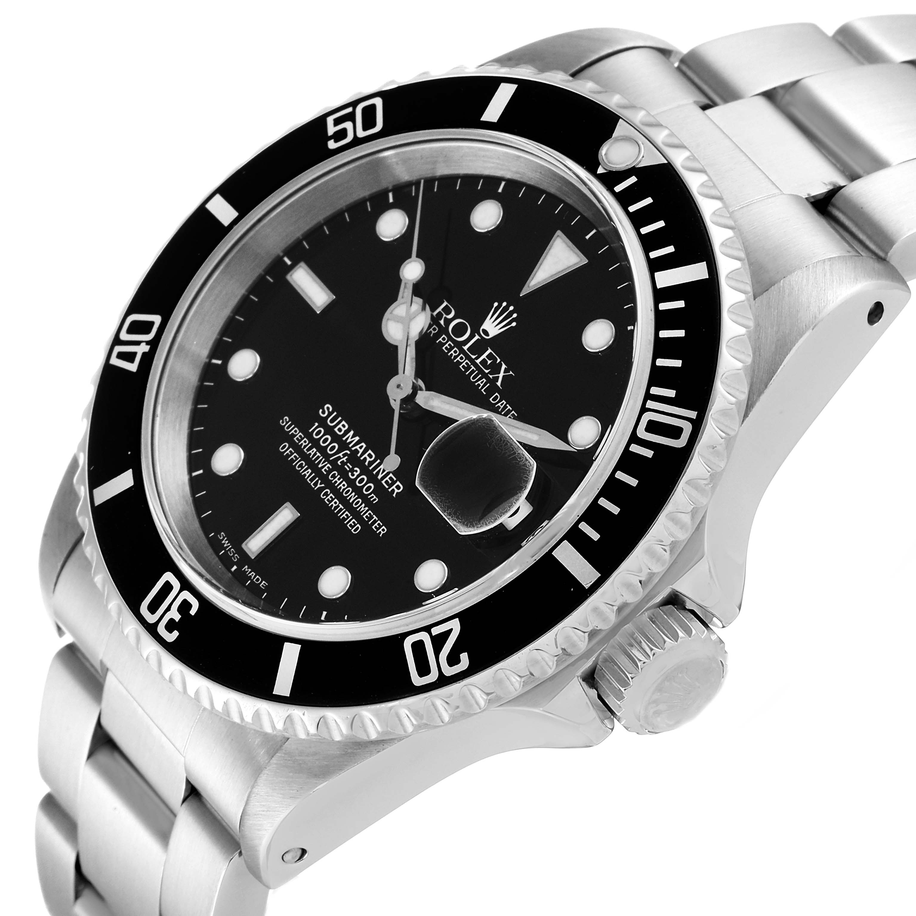 The image shows a Rolex Submariner 16610 Men
s Stainless Steel Black Dial 16610 Men
s Stainless Steel Black Dial watch at an angled side view, highlighting the face, bezel, and part of the bracelet.