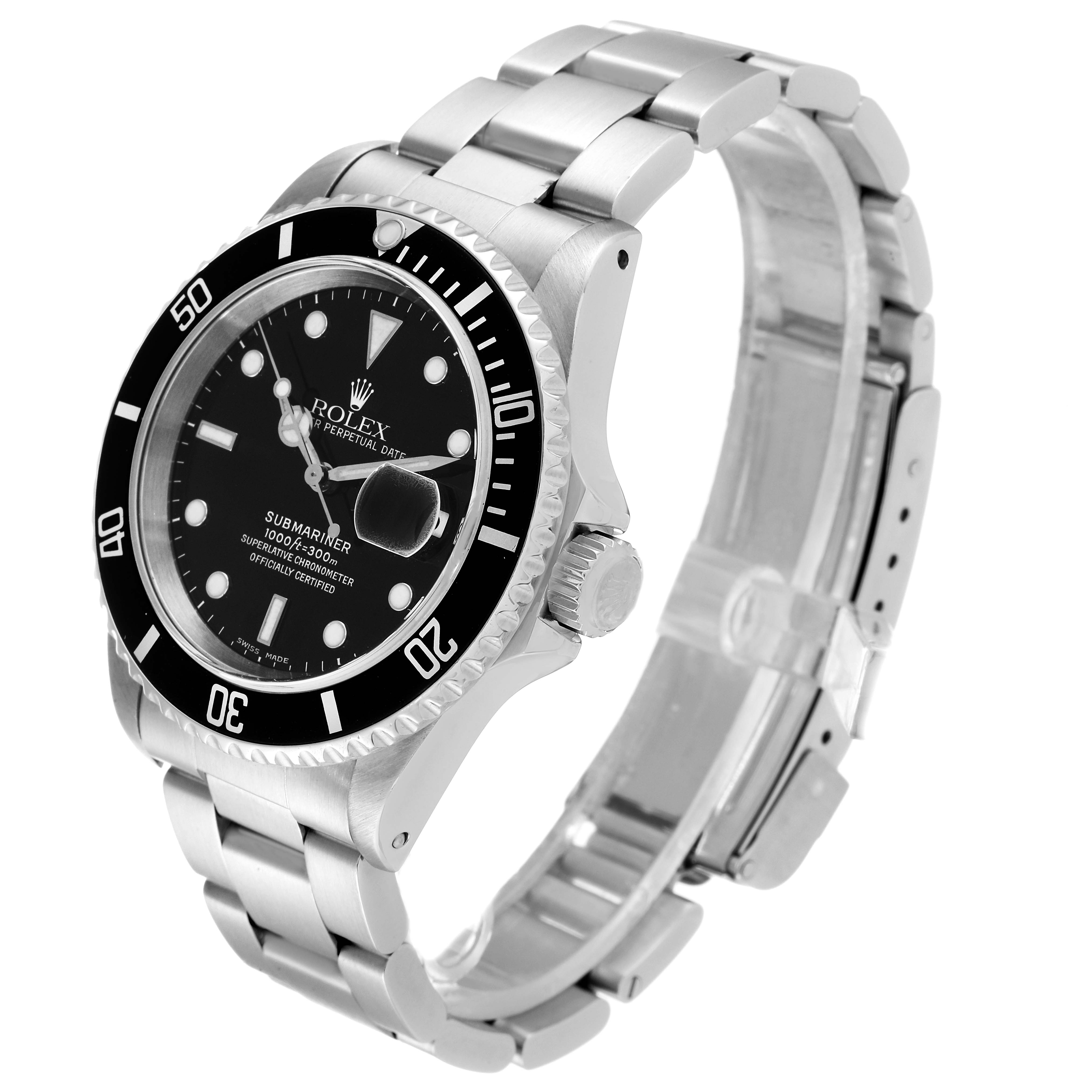 The Rolex Submariner 16610 Men
s Stainless Steel Black Dial 16610 Men
s Stainless Steel Black Dial watch is shown at a three-quarter angle, highlighting the dial, bezel, crown, and stainless steel bracelet.