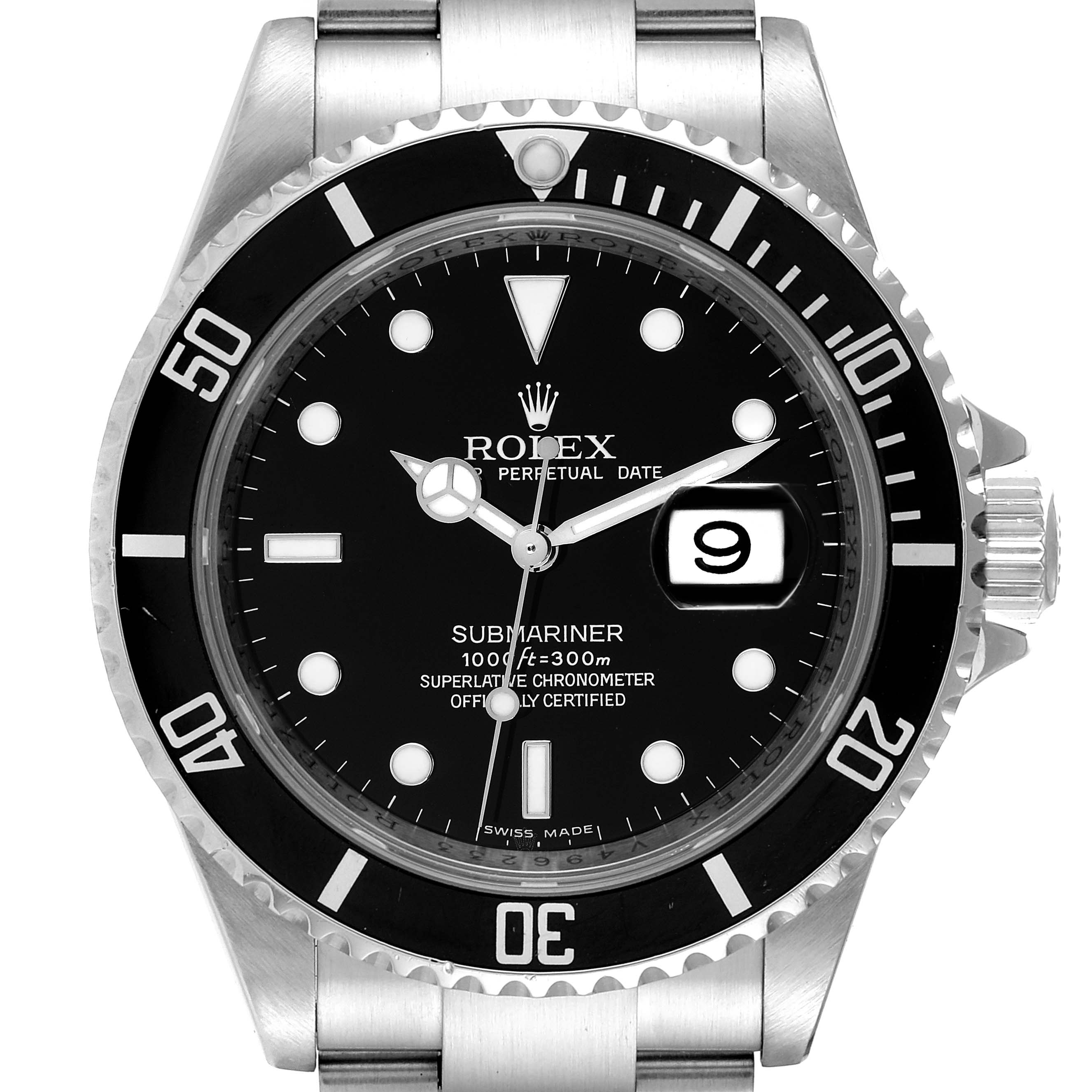 The image shows a front view of a Rolex Submariner 16610 Men
s Stainless Steel Black Dial 16610 Men
s Stainless Steel Black Dial watch, highlighting the dial, bezel, and part of the bracelet.