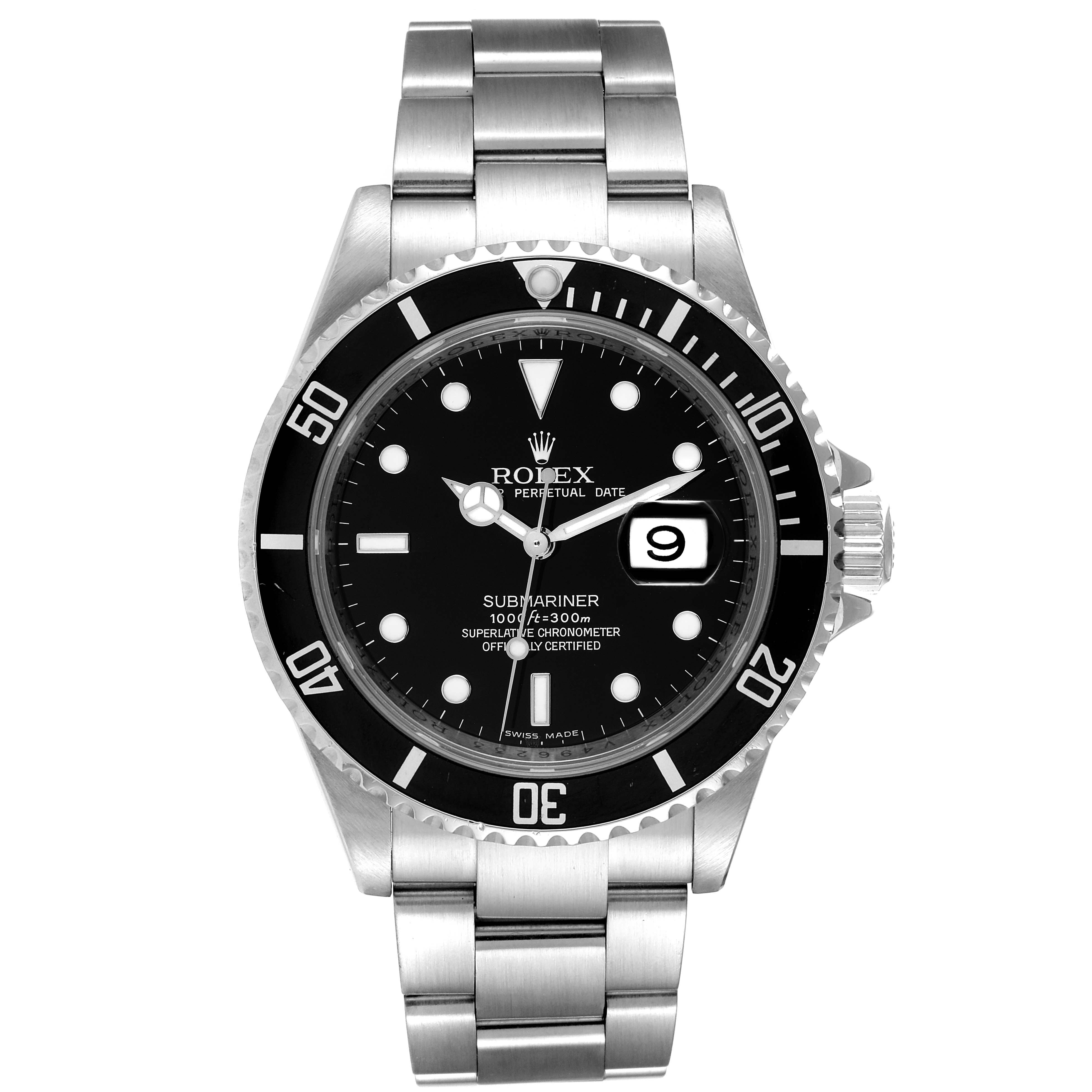 This Rolex Submariner 16610 Men
s Stainless Steel Black Dial 16610 Men
s Stainless Steel Black Dial watch is shown from the front, displaying the face, bezel, and bracelet.