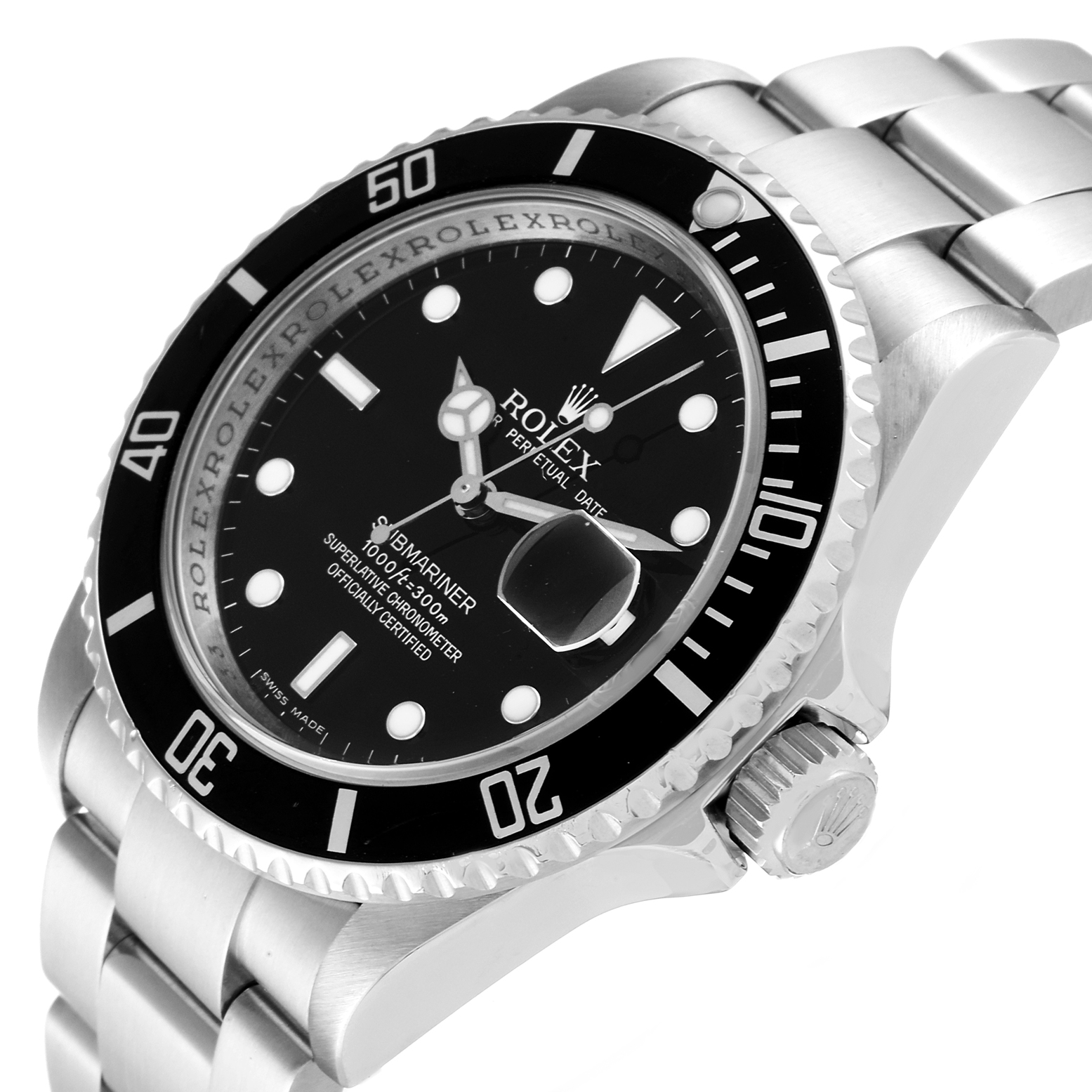 The image shows a close-up angle of the Rolex Submariner 16610 Men
s Stainless Steel Black Dial 16610 Men
s Stainless Steel Black Dial watch, highlighting the dial, bezel, crown, and part of the bracelet.