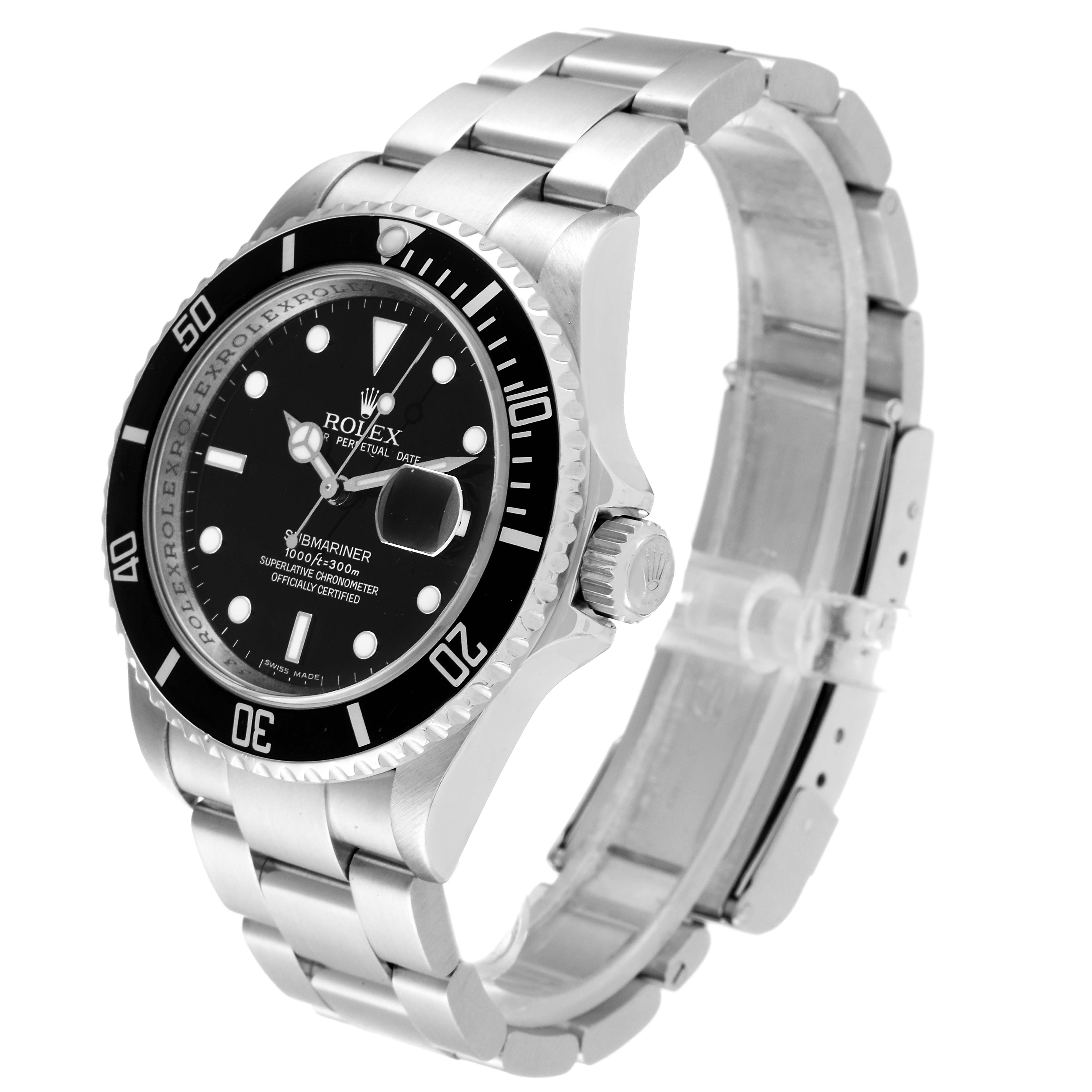 The image shows a Rolex Submariner 16610 Men
s Stainless Steel Black Dial 16610 Men
s Stainless Steel Black Dial watch from a side angle, highlighting the watch face, bezel, crown, and bracelet.