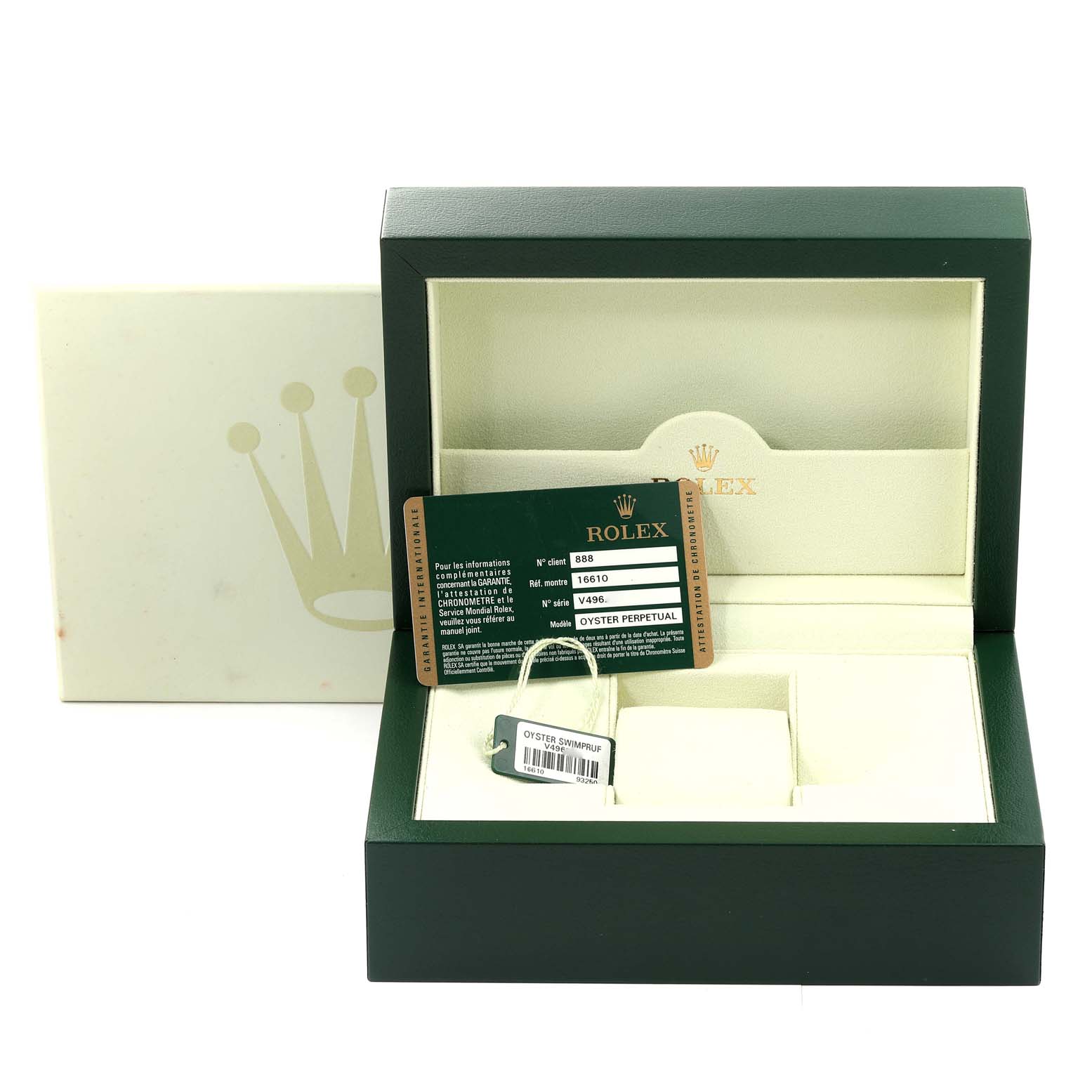 This image shows the packaging, warranty card, and tags for a Rolex Submariner 16610 Men
s Stainless Steel Black Dial 16610 Men
s Stainless Steel Black Dial watch.