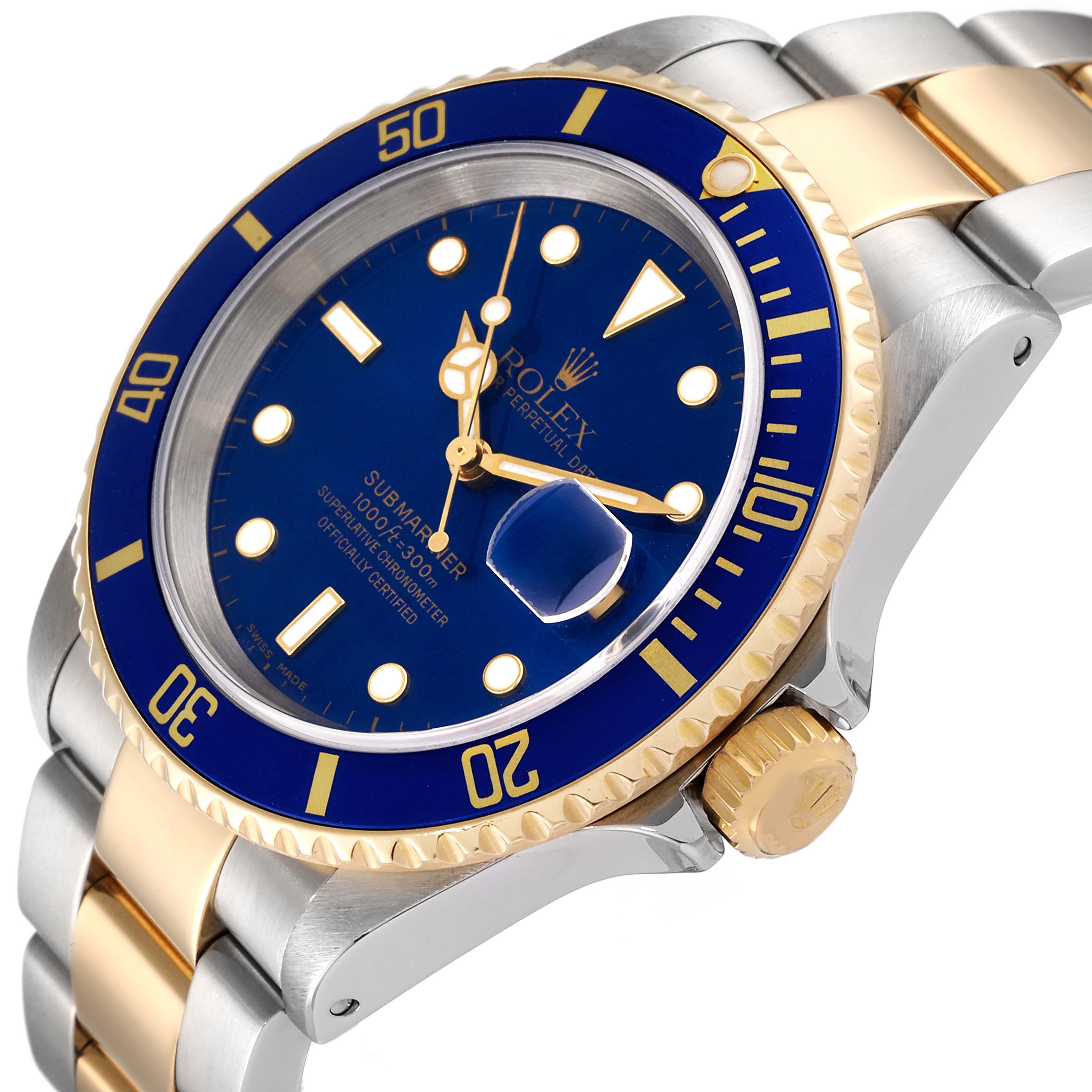 This image shows a close-up angled view of the face, bezel, and bracelet of a Rolex Submariner 16613 Men
s Steel and Gold (two tone) Blue Dial 16613 Men
s Steel and Gold (two tone) Blue Dial watch.
