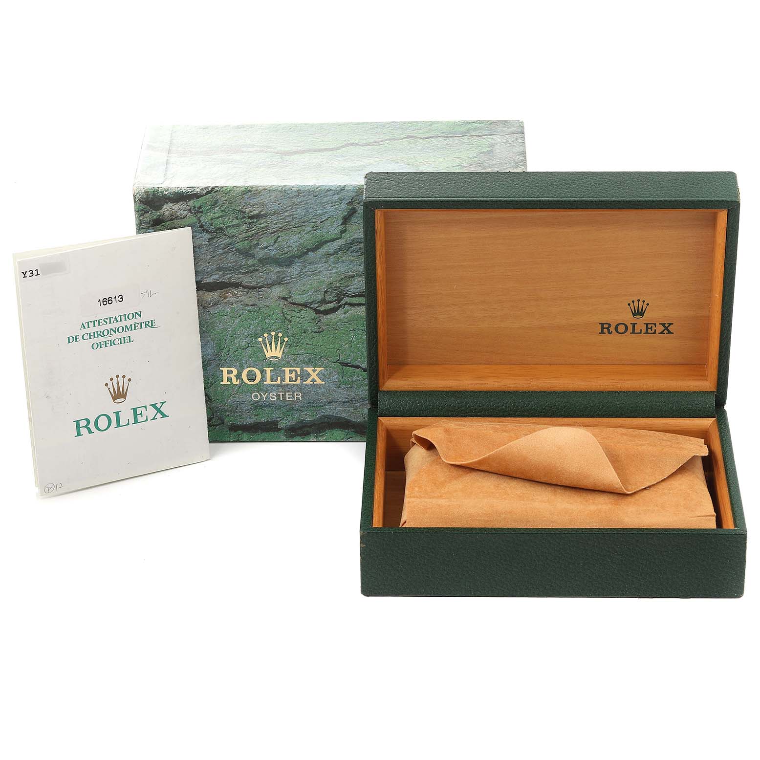 The image shows the packaging and manual for a Rolex Submariner 16613 Men
s Steel and Gold (two tone) Blue Dial 16613 Men
s Steel and Gold (two tone) Blue Dial, including the outer box, inner box, and a certificate booklet.