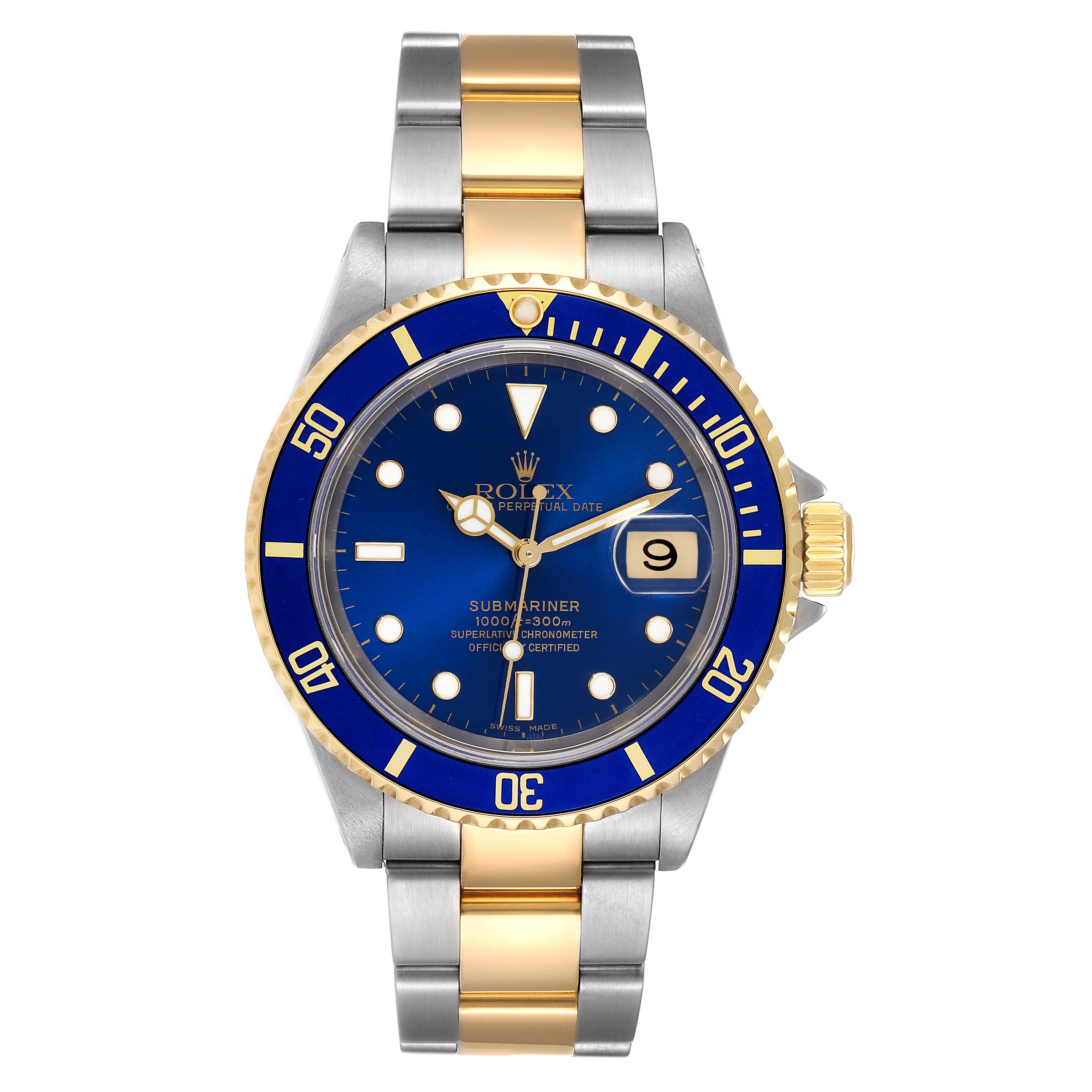 The Rolex Submariner 16613 Men
s Steel and Gold (two tone) Blue Dial 16613 Men
s Steel and Gold (two tone) Blue Dial is shown from a direct front view, displaying its blue dial, gold accents, and stainless-steel bracelet.