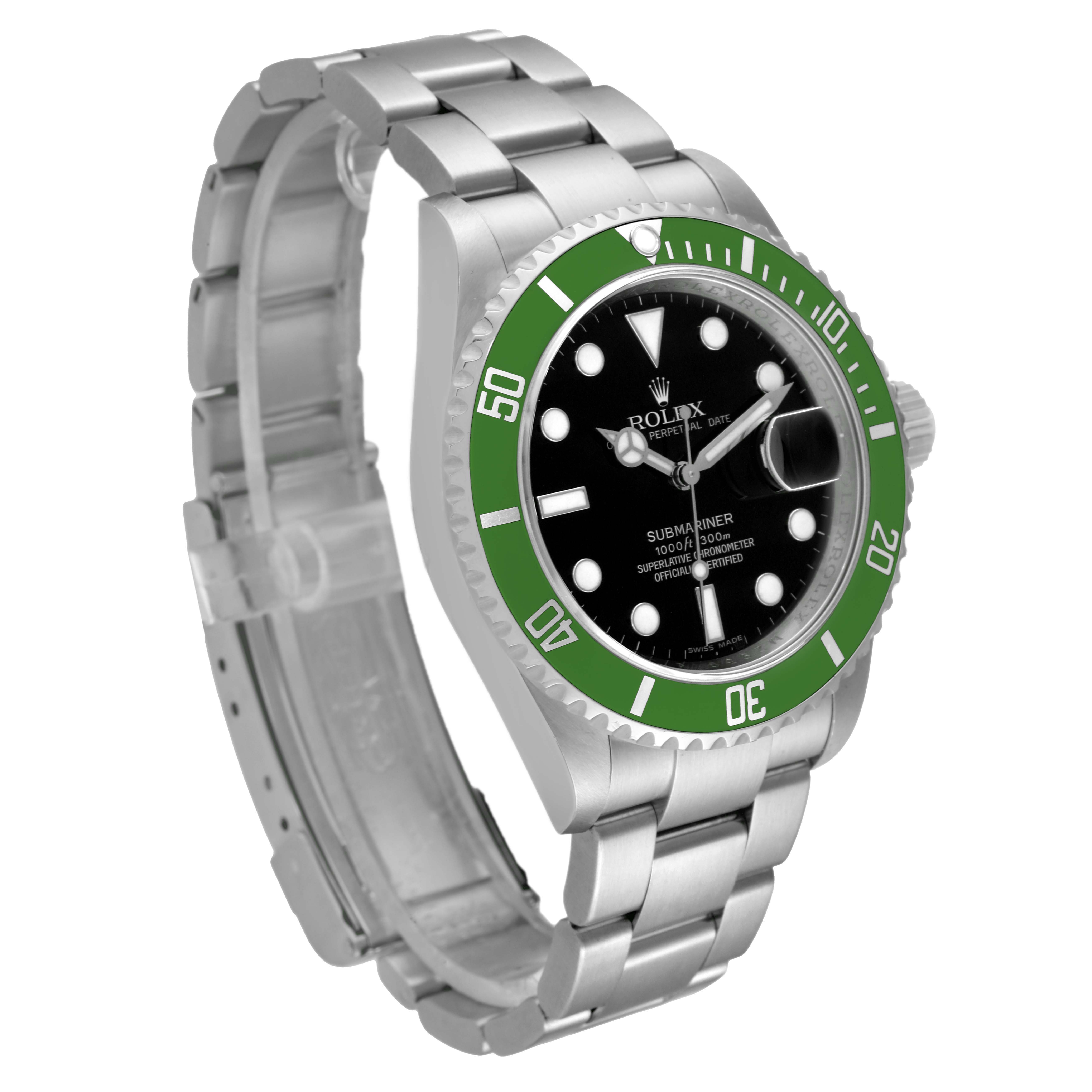 The image shows a Rolex Submariner 16610LV Men's Stainless Steel Black Dial 16610LV Men's Stainless Steel Black Dial watch in a three-quarter view, displaying its green bezel, black dial, and metal bracelet.