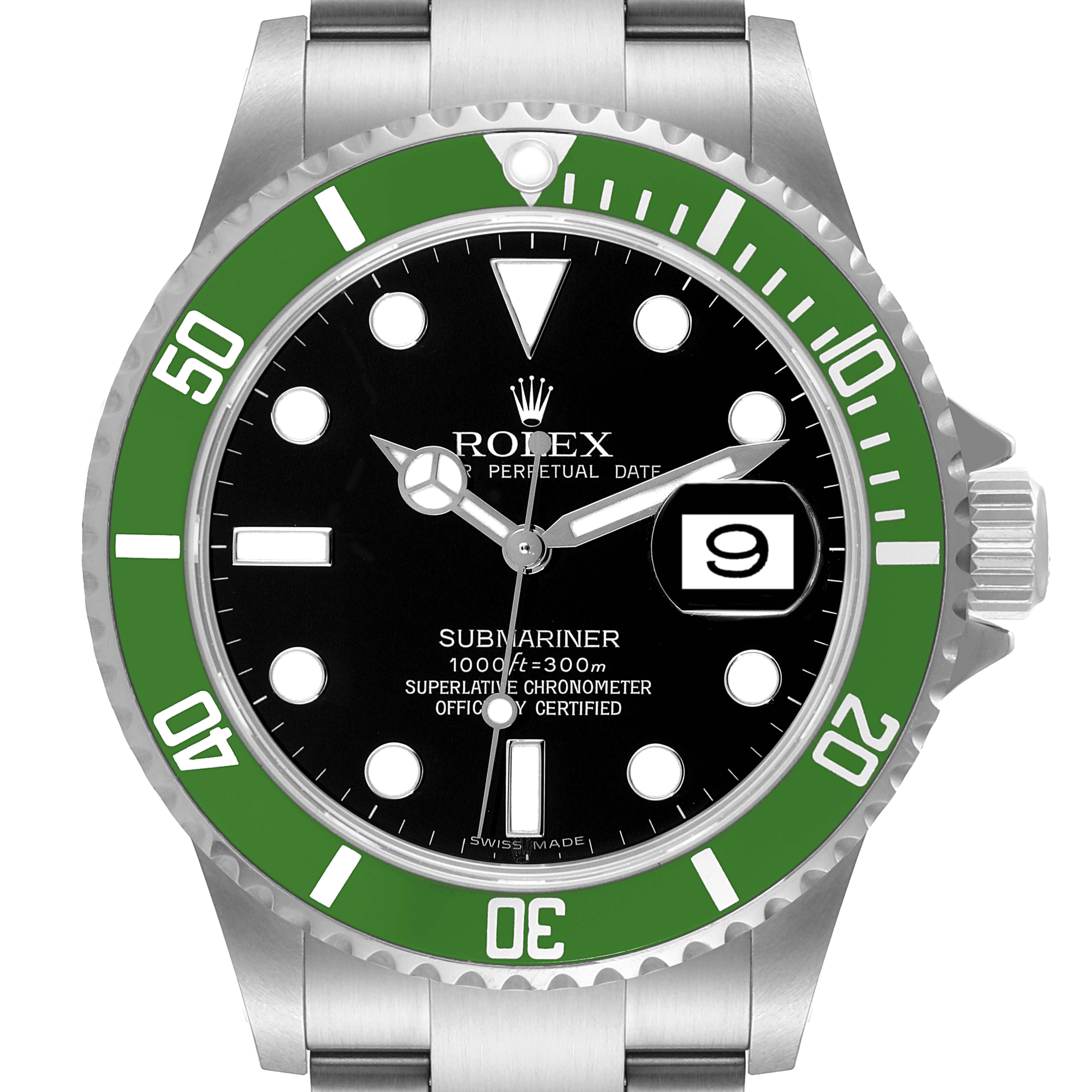 The image shows a front view of a Rolex Submariner 16610LV Men's Stainless Steel Black Dial 16610LV Men's Stainless Steel Black Dial watch, highlighting the green bezel, black dial, and metal bracelet.