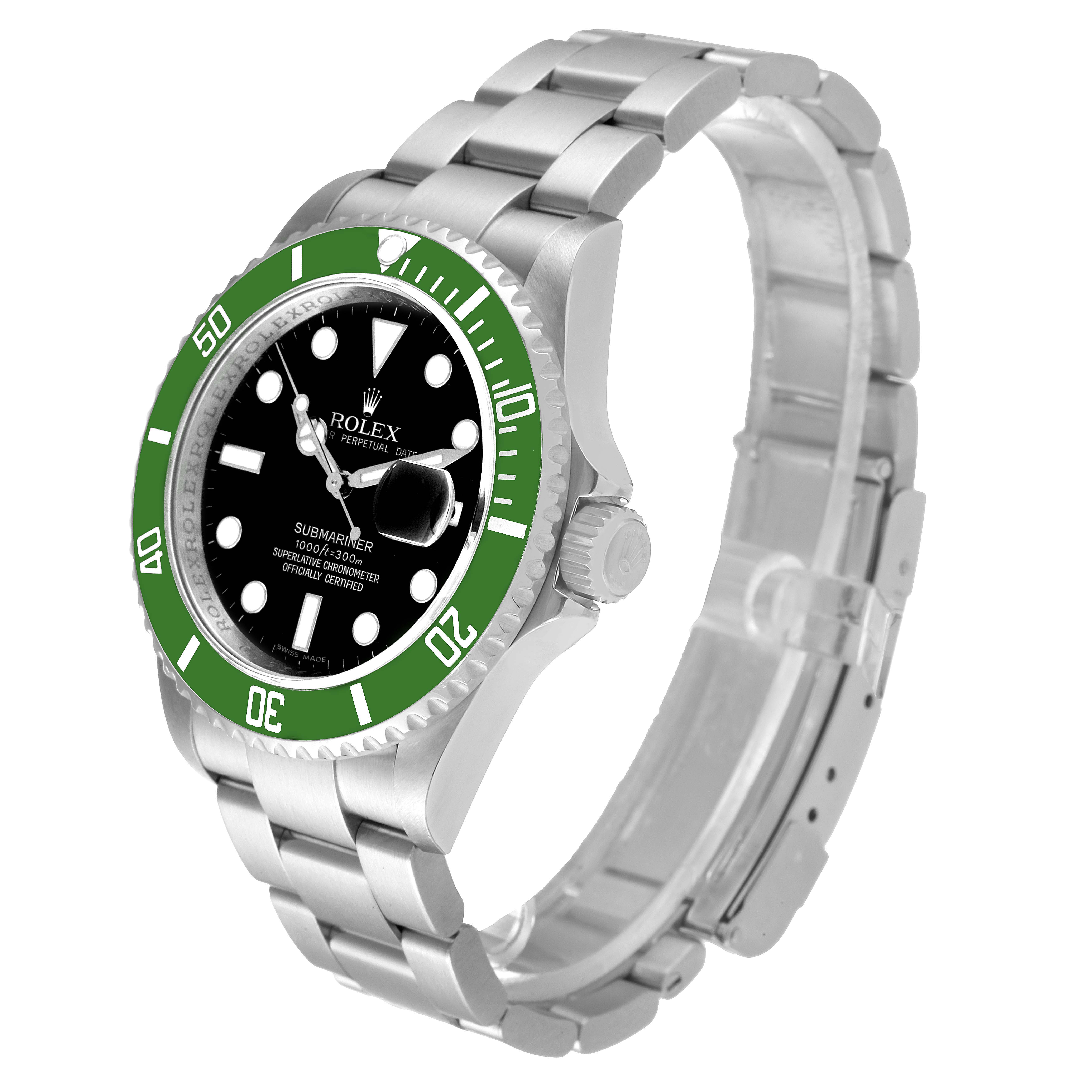 The image shows a Rolex Submariner 16610LV Men's Stainless Steel Black Dial 16610LV Men's Stainless Steel Black Dial watch at a slight angle, highlighting the green bezel, black dial, and silver bracelet.