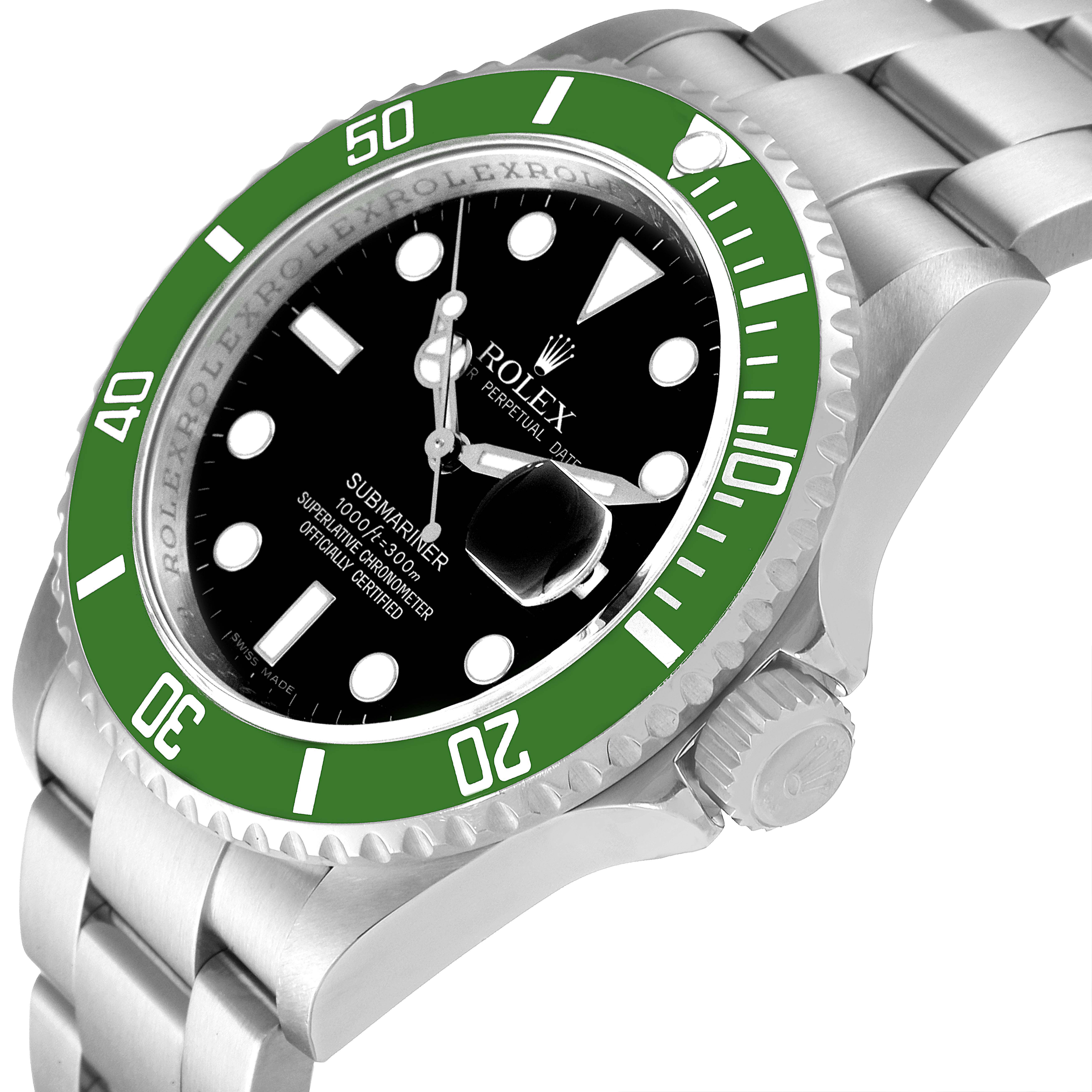 The image shows a Rolex Submariner 16610LV Men's Stainless Steel Black Dial 16610LV Men's Stainless Steel Black Dial watch at an angled close-up, highlighting its green bezel, black dial, and crown.