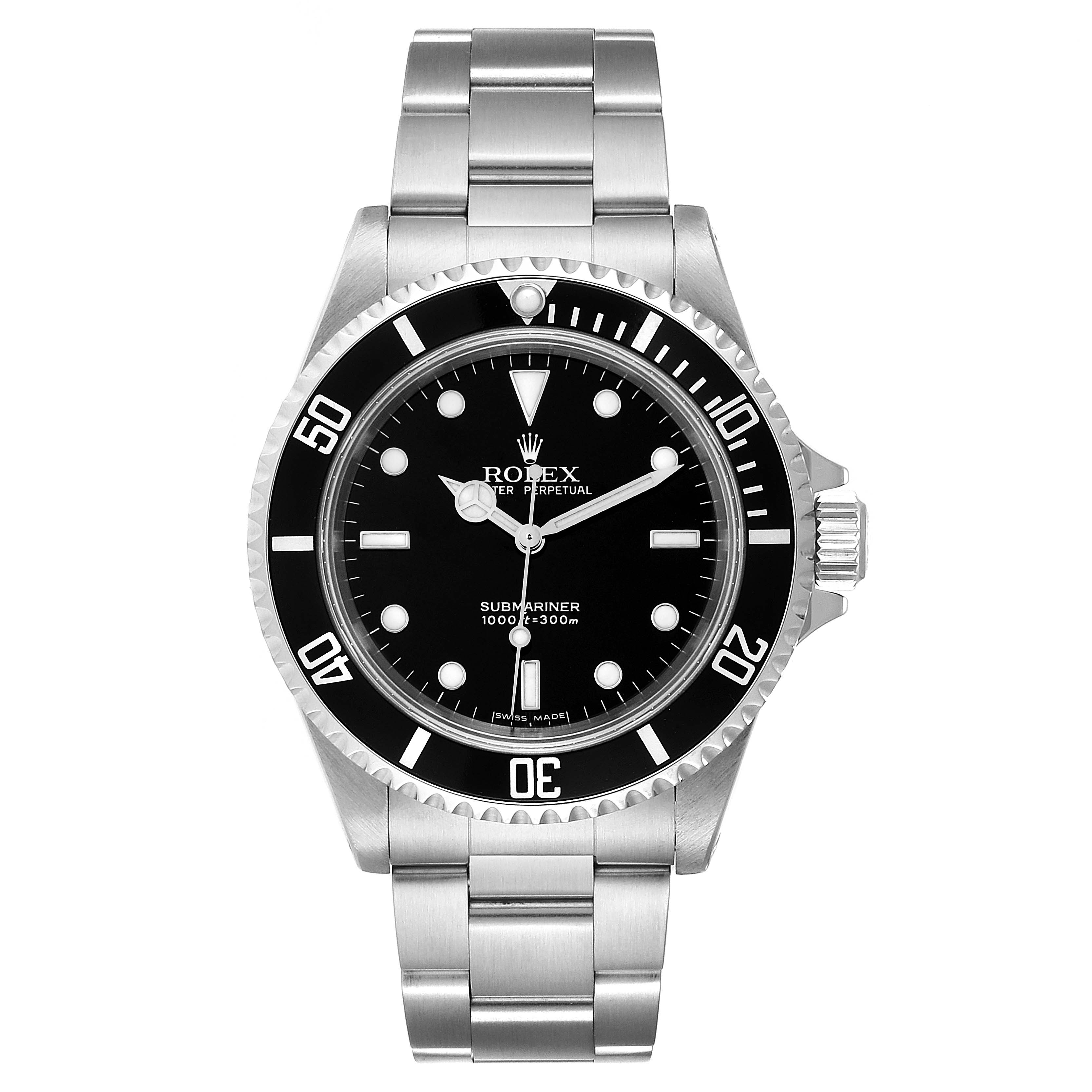 The Rolex Submariner 14060M Men
s Stainless Steel Black Dial 14060M Men
s Stainless Steel Black Dial watch is shown from a top view, displaying its stainless steel bracelet, black dial, and bezel.