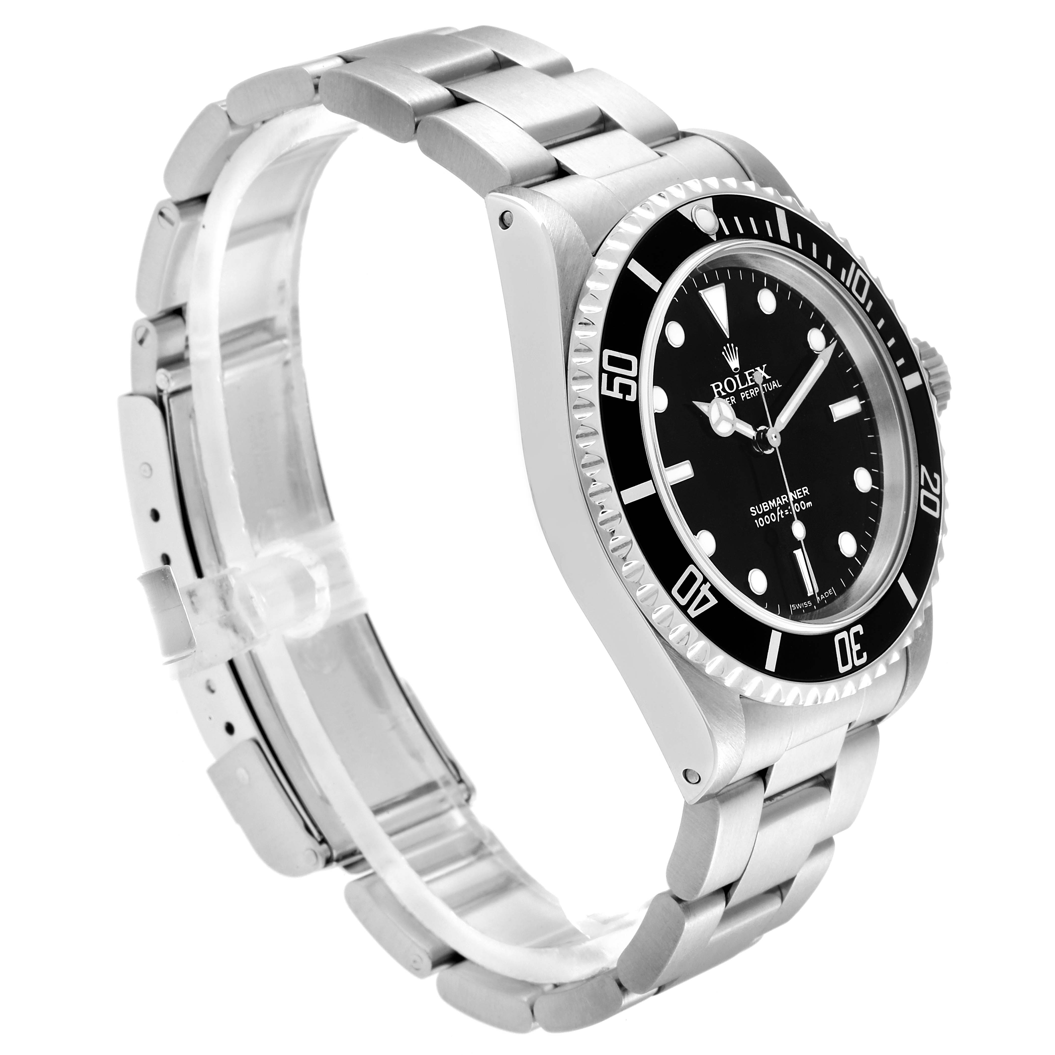 The image shows a side view of a Rolex Submariner 14060M Men
s Stainless Steel Black Dial 14060M Men
s Stainless Steel Black Dial, displaying its bezel, dial, case, and stainless steel bracelet.