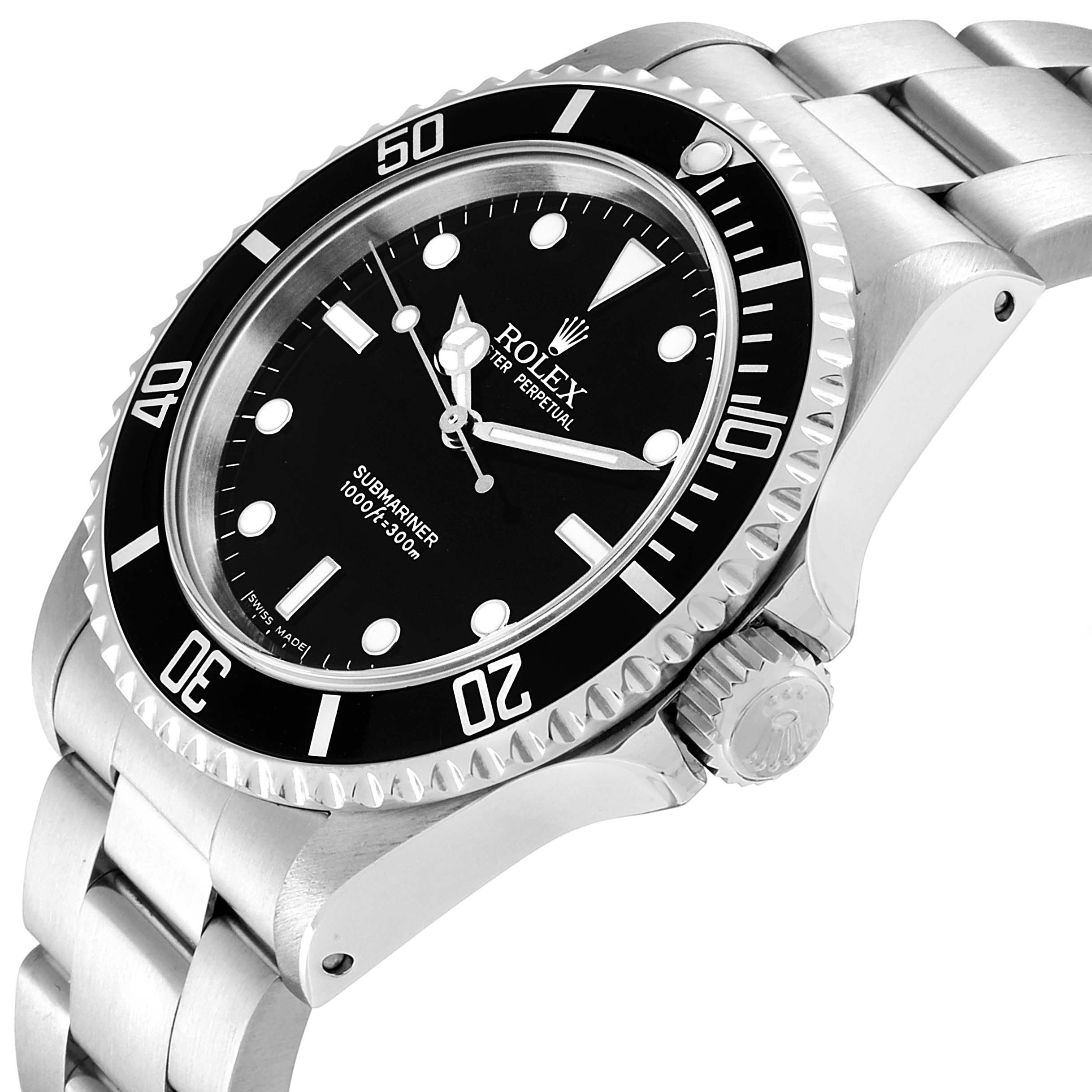The image shows a Rolex Submariner 14060M Men
s Stainless Steel Black Dial 14060M Men
s Stainless Steel Black Dial watch from an angled side view, highlighting the dial, bezel, crown, and bracelet.