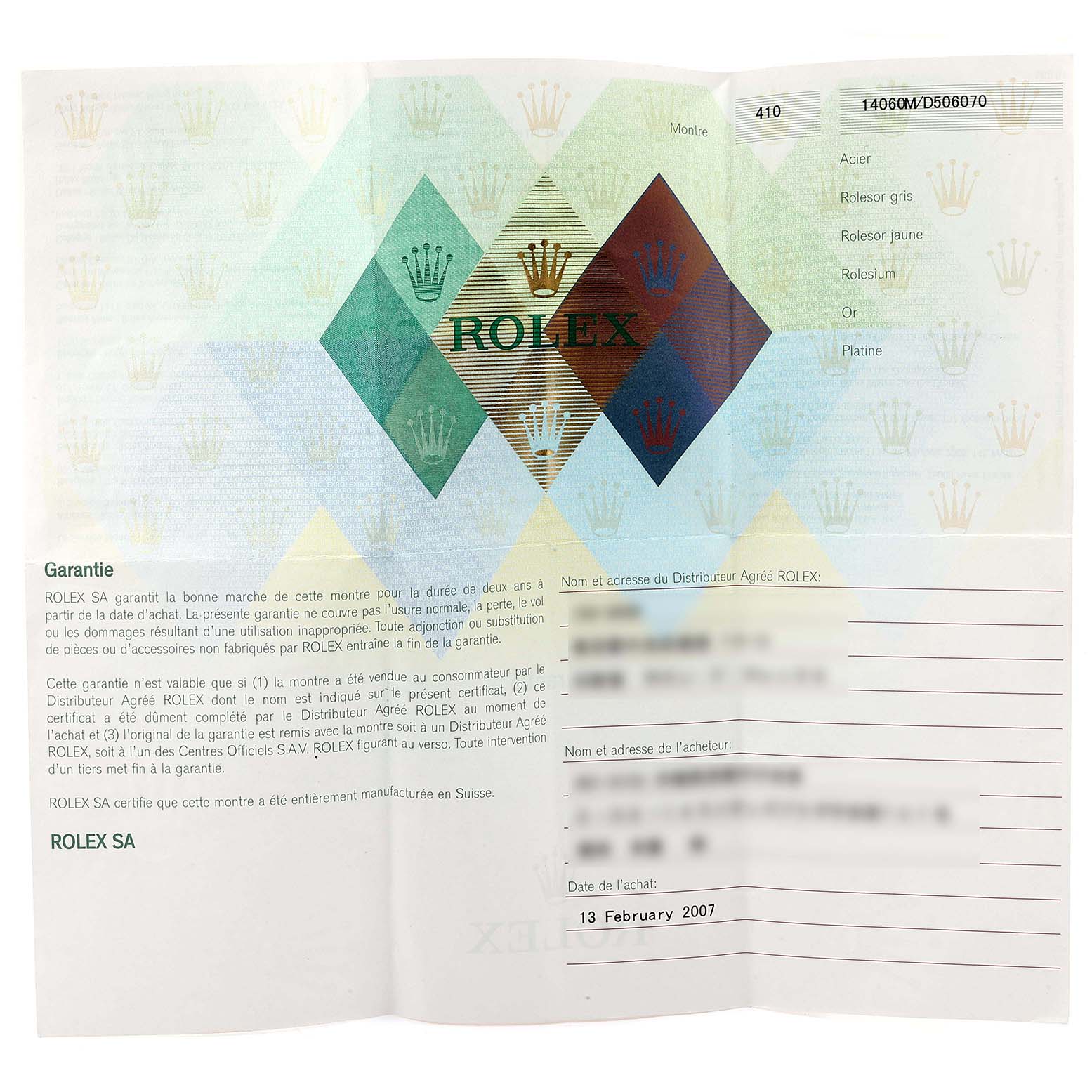 This image shows an angled view of the warranty certificate for the Rolex Submariner 14060M Men
s Stainless Steel Black Dial 14060M Men
s Stainless Steel Black Dial model.