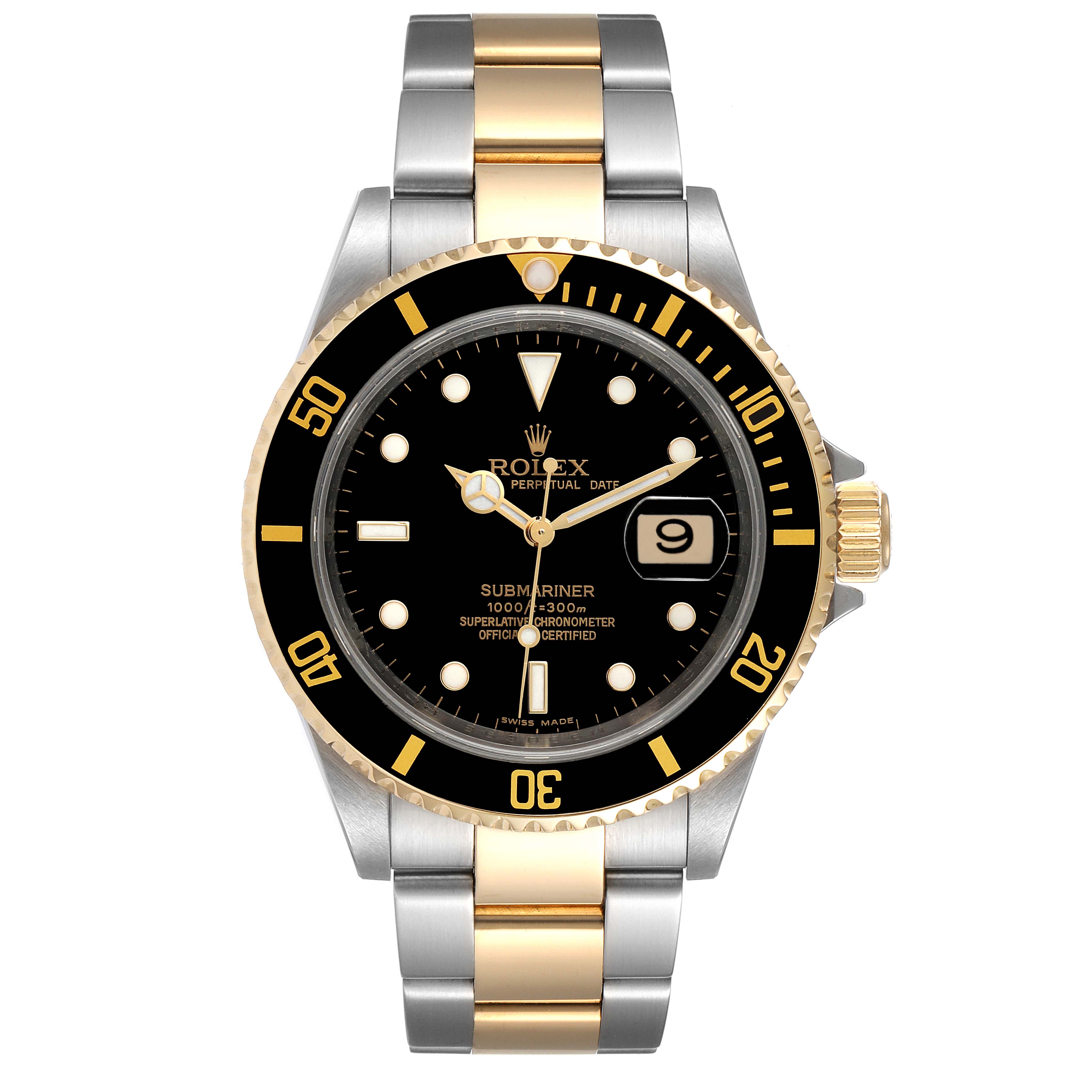 The image shows a front view of a Rolex Submariner 16613 Men's Steel and Gold (two tone) Black Dial 16613 Men's Steel and Gold (two tone) Black Dial watch with a black dial and a two-tone metal bracelet.