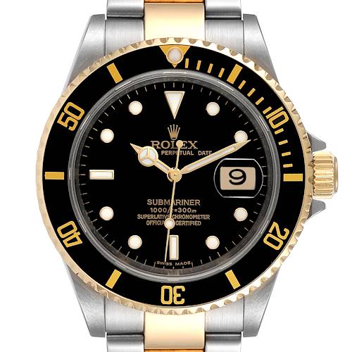 Photo of Rolex Submariner Steel Yellow Gold Black Dial Mens Watch 16613 Box Card