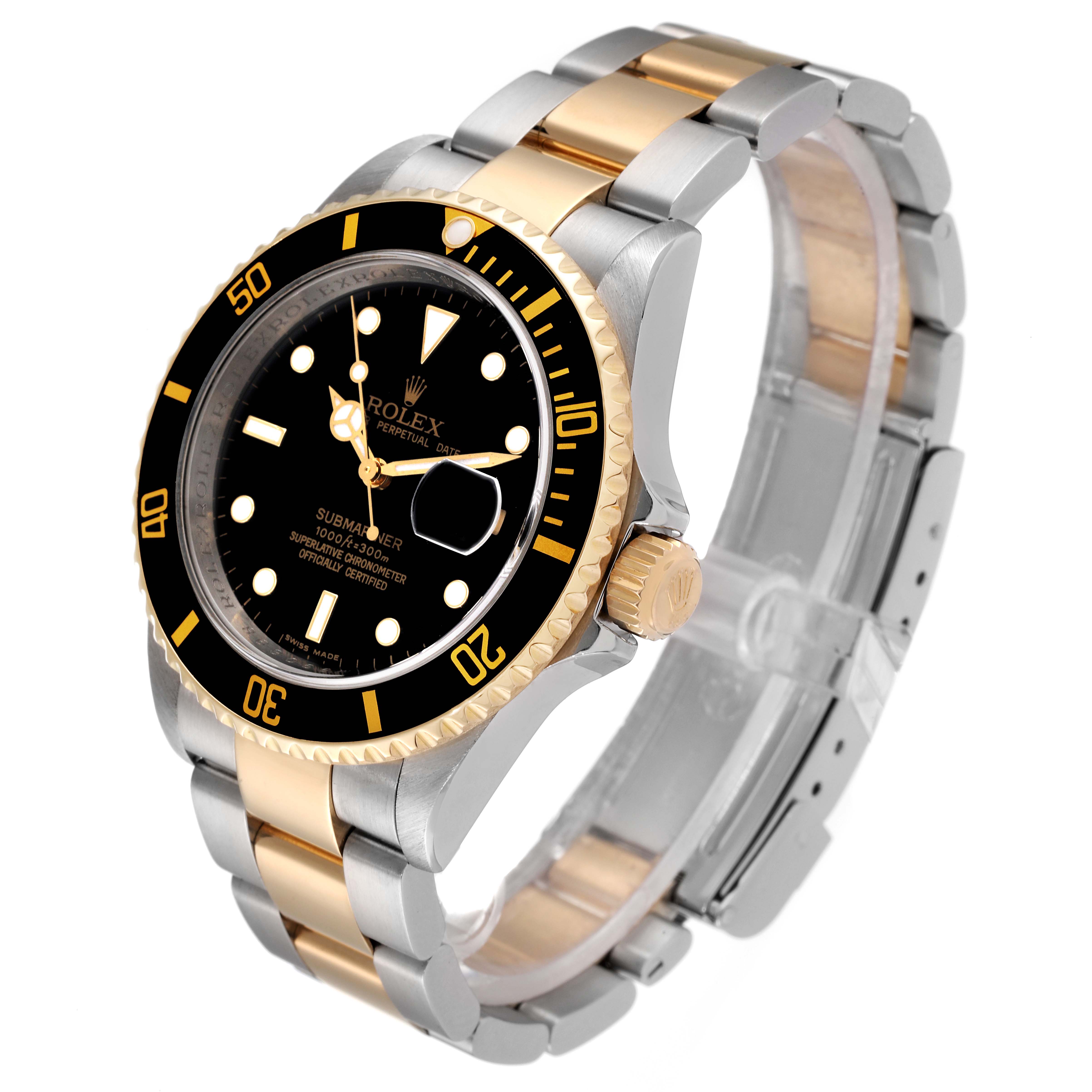 The Rolex Submariner 16613 Men's Steel and Gold (two tone) Black Dial 16613 Men's Steel and Gold (two tone) Black Dial watch is shown from an angled perspective, highlighting the black dial, bezel, and two-tone bracelet.