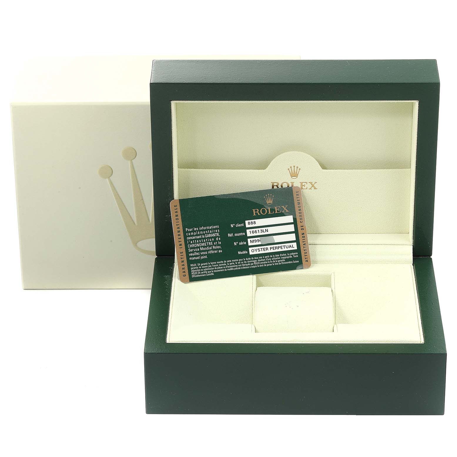 The image shows the packaging and certification card for a Rolex Submariner 16613 Men's Steel and Gold (two tone) Black Dial 16613 Men's Steel and Gold (two tone) Black Dial watch, with the watch box open.