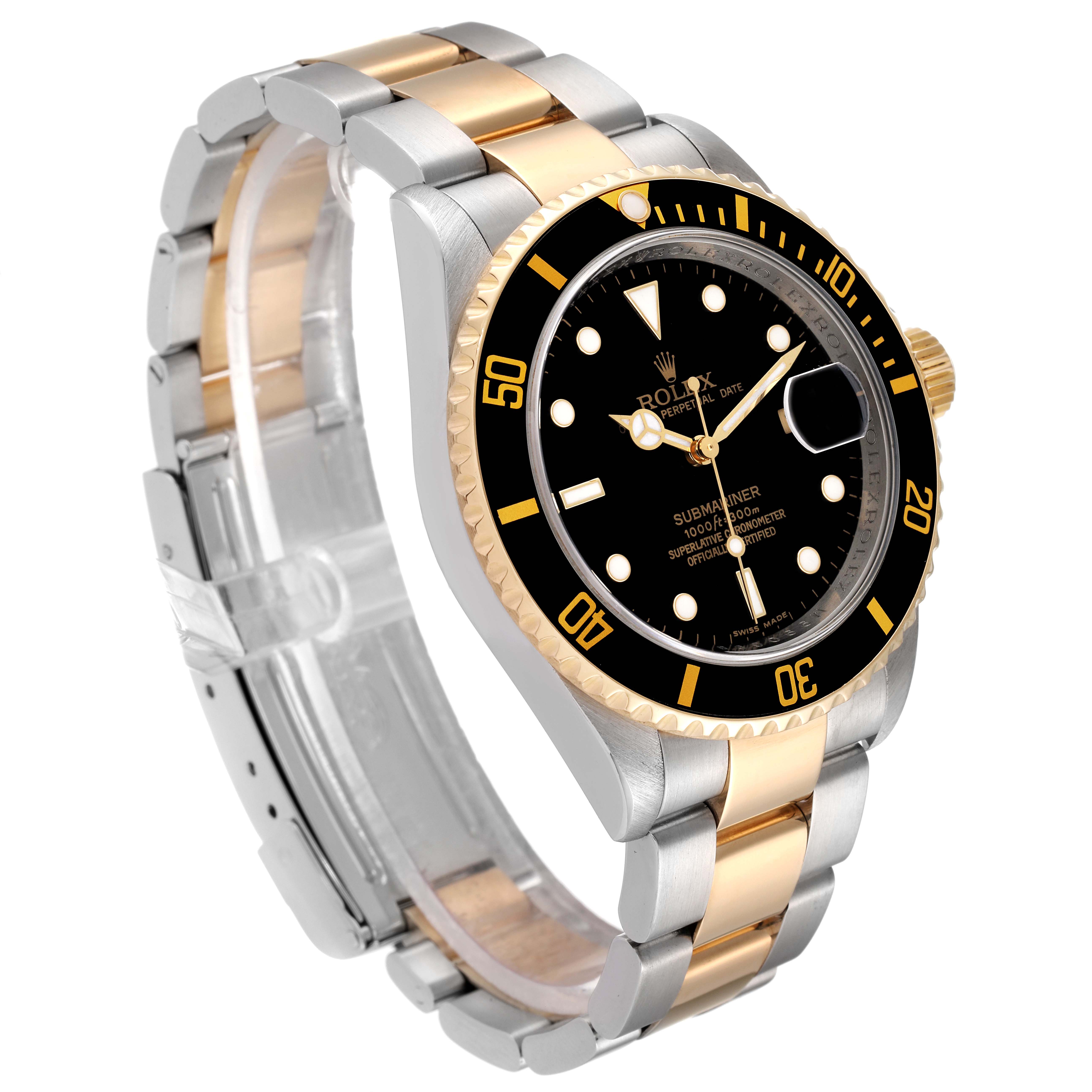 The image shows a Rolex Submariner 16613 Men's Steel and Gold (two tone) Black Dial 16613 Men's Steel and Gold (two tone) Black Dial watch at a three-quarter angle, highlighting the black dial, bezel, and two-tone bracelet.