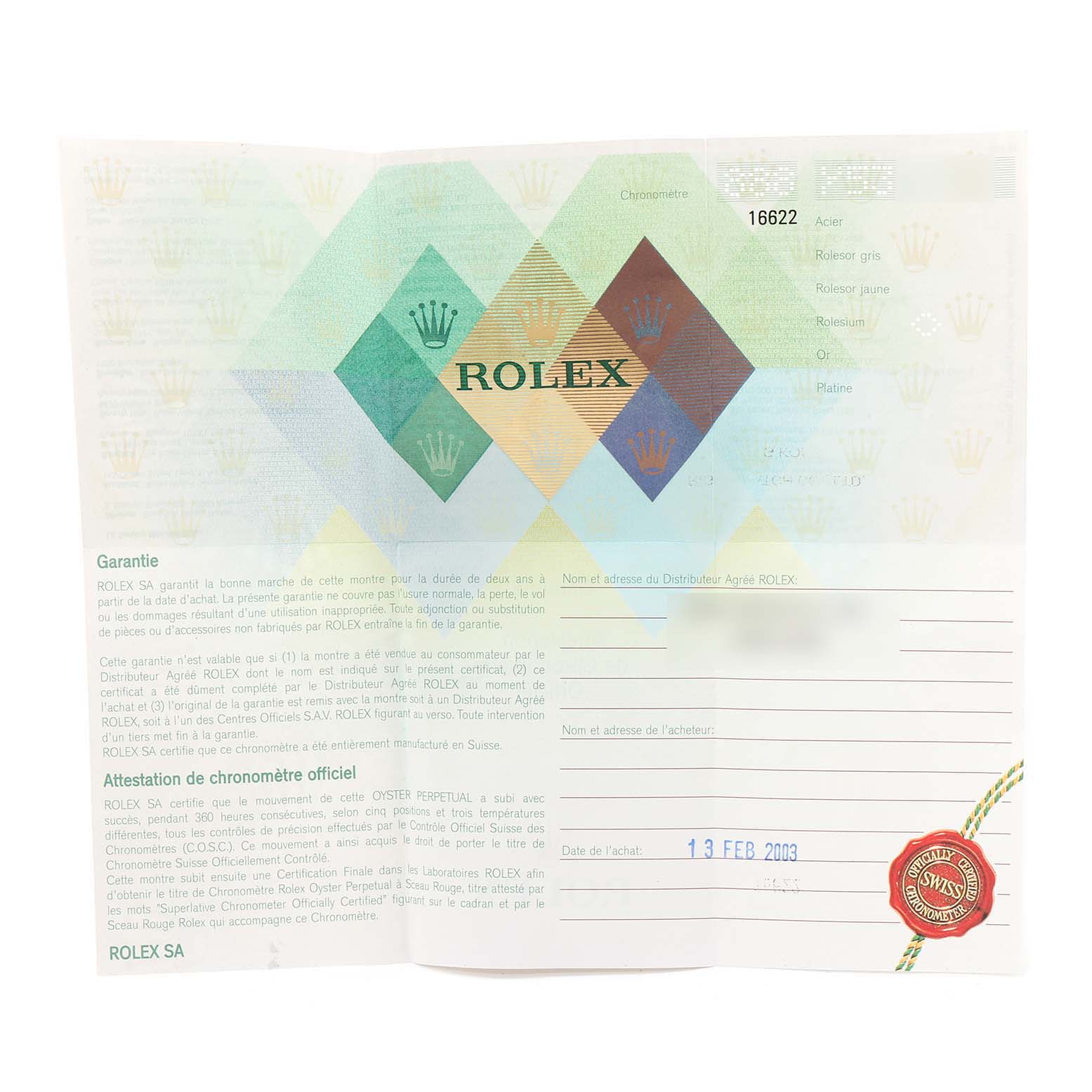 The image shows the paperwork for a Rolex Yacht-Master 16622 Men
s Stainless Steel Silver Dial 16622 Men
s Stainless Steel Silver Dial model, including warranty and chronometer certification details.