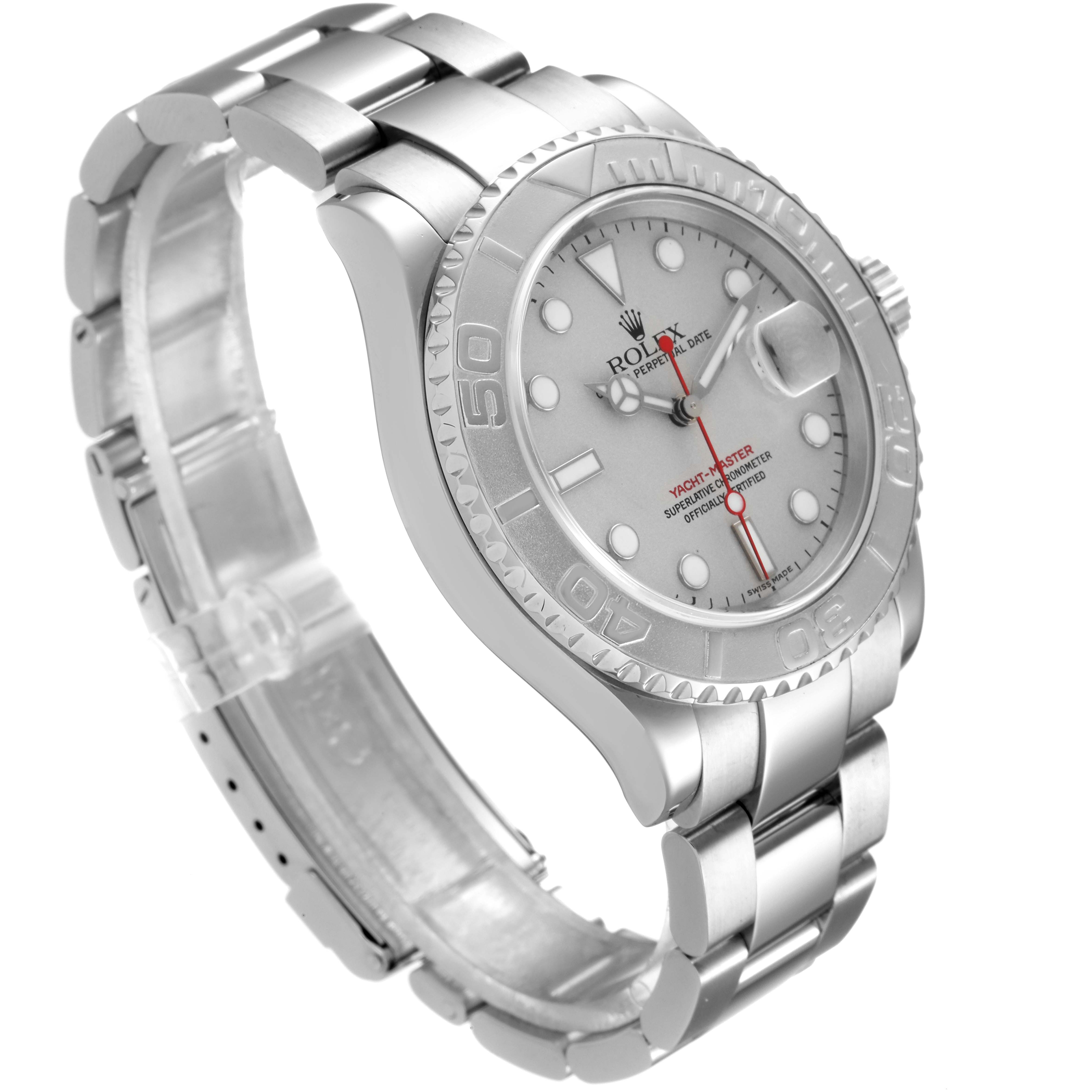 The image shows a Rolex Yacht-Master 16622 Men
s Stainless Steel Silver Dial 16622 Men
s Stainless Steel Silver Dial watch from a front-left angle highlighting the face, bezel, and bracelet.