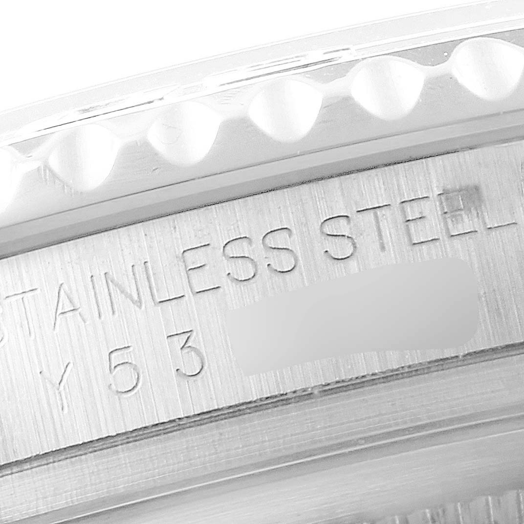 This image shows a close-up of the engraved text on the side of the Rolex Yacht-Master 16622 Men
s Stainless Steel Silver Dial 16622 Men
s Stainless Steel Silver Dial watch bezel, highlighting "STAINLESS STEEL".