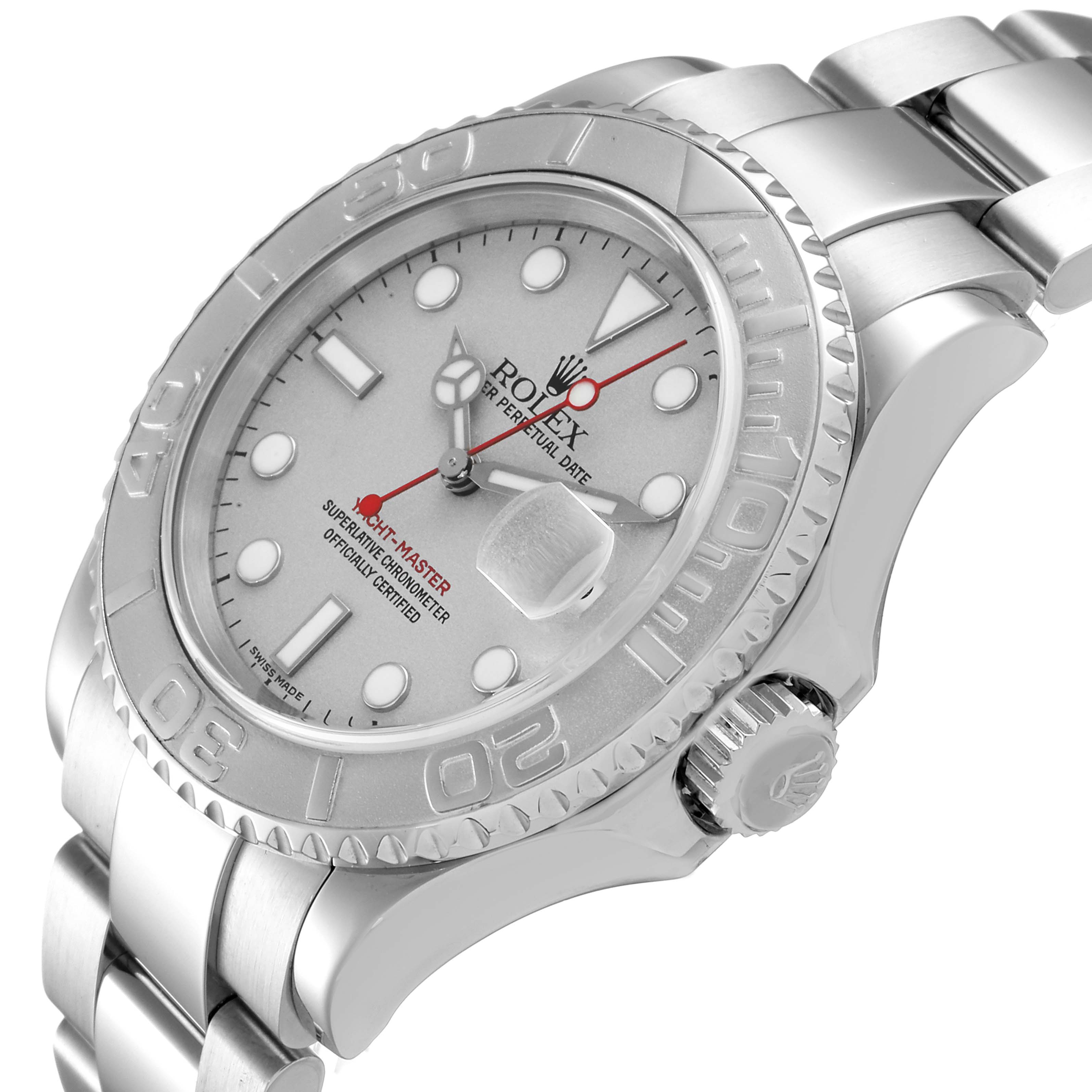 This image shows a Rolex Yacht-Master 16622 Men
s Stainless Steel Silver Dial 16622 Men
s Stainless Steel Silver Dial watch from an angled view, highlighting its dial, bezel, crown, and part of the bracelet.