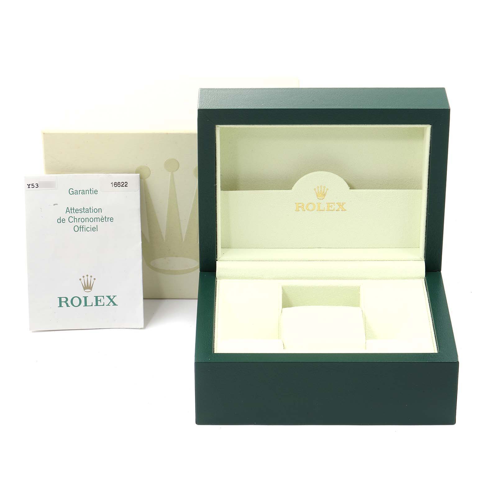 The image shows an open green Rolex Yacht-Master 16622 Men
s Stainless Steel Silver Dial 16622 Men
s Stainless Steel Silver Dial watch box next to a warranty card and an outer box.