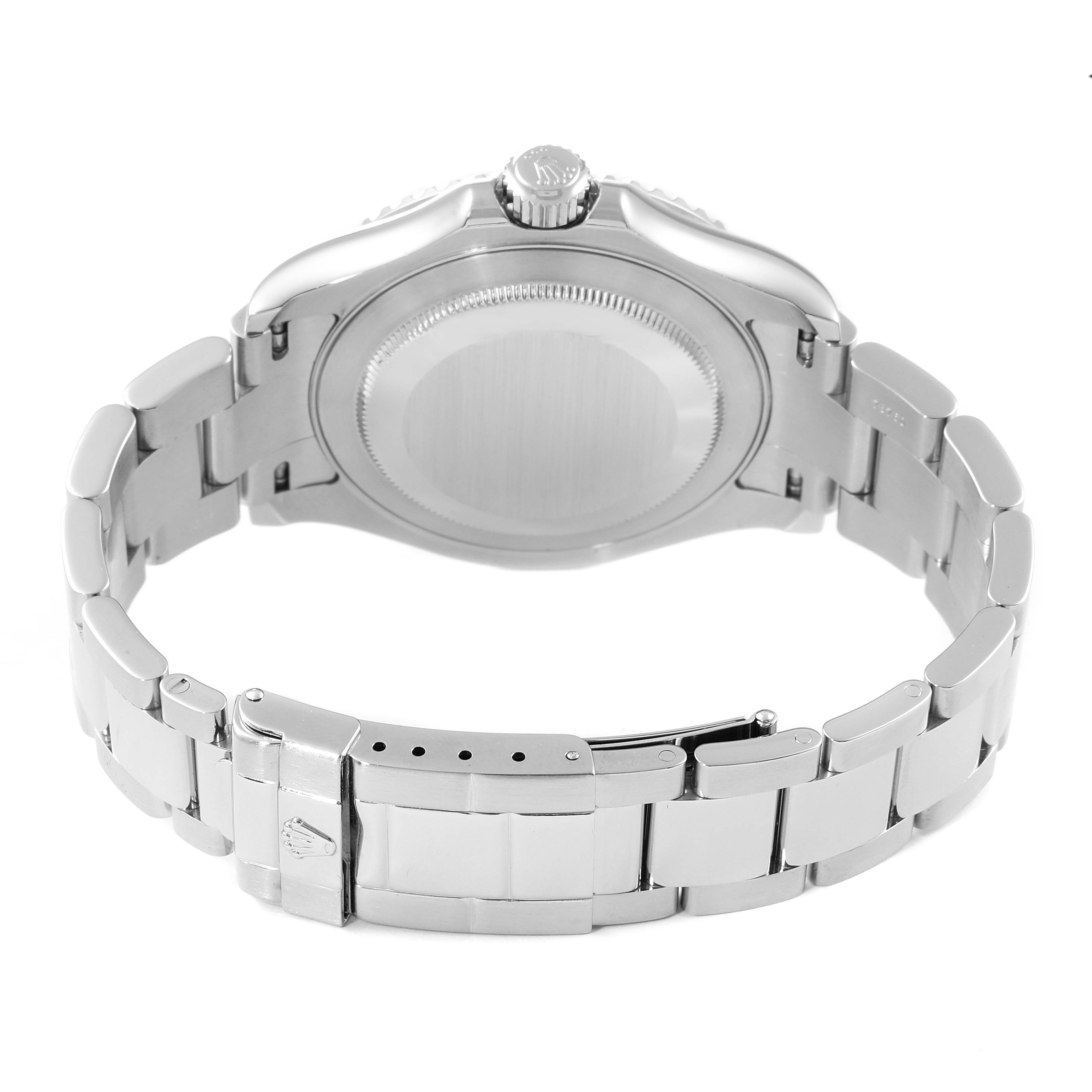 The image shows the back view of a Rolex Yacht-Master 16622 Men
s Stainless Steel Silver Dial 16622 Men
s Stainless Steel Silver Dial watch, highlighting the case back and bracelet with the clasp.