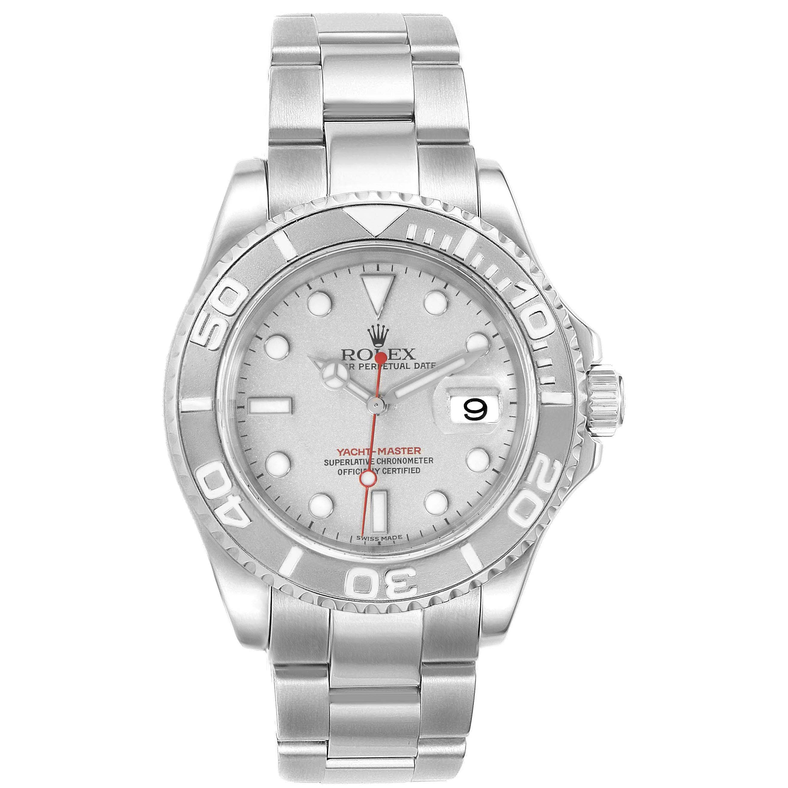 The image shows a front view of a Rolex Yacht-Master 16622 Men
s Stainless Steel Silver Dial 16622 Men
s Stainless Steel Silver Dial watch, highlighting the dial, bezel, bracelet, and crown.