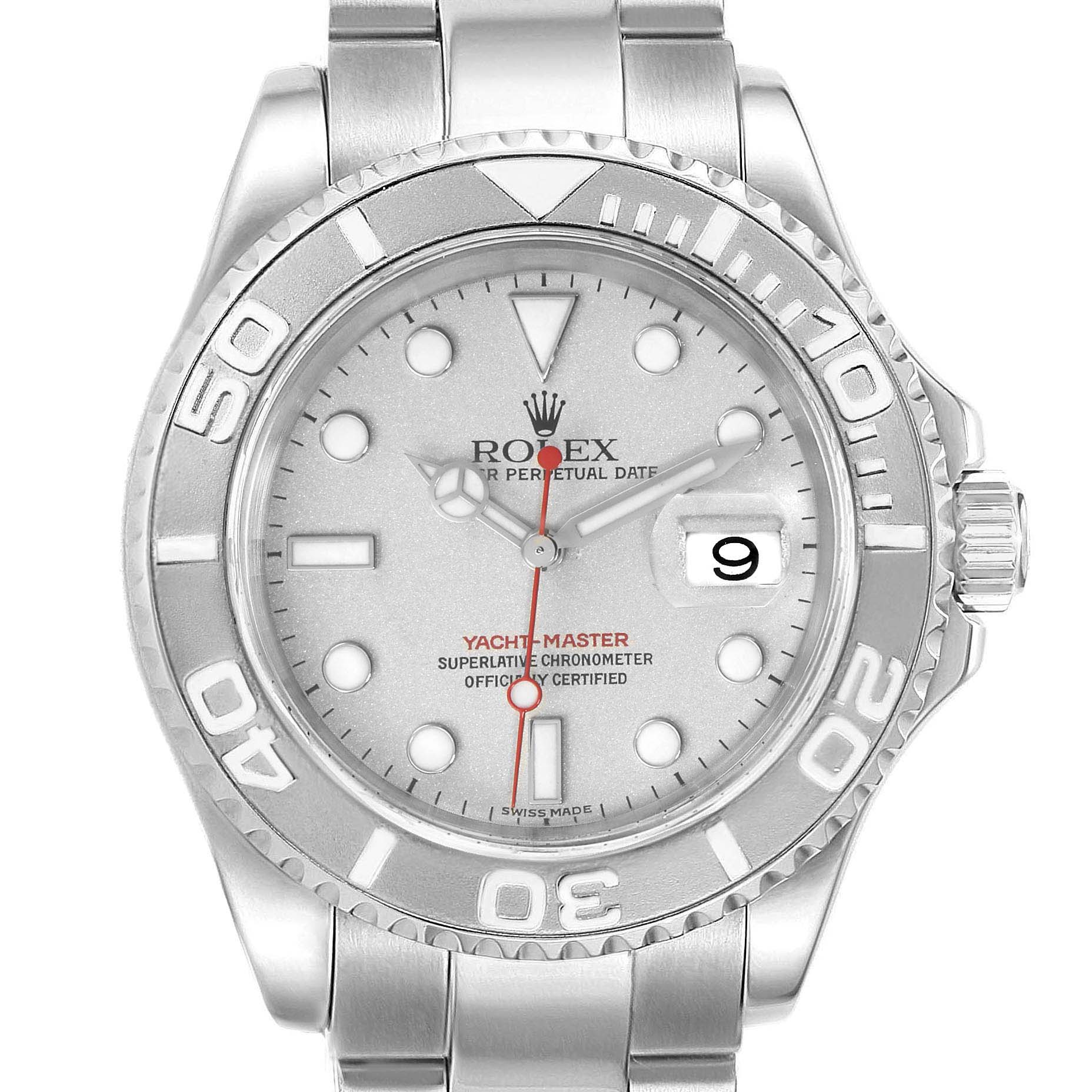 This image shows a front view of a Rolex Yacht-Master 16622 Men
s Stainless Steel Silver Dial 16622 Men
s Stainless Steel Silver Dial watch, highlighting its dial, bezel, and bracelet.