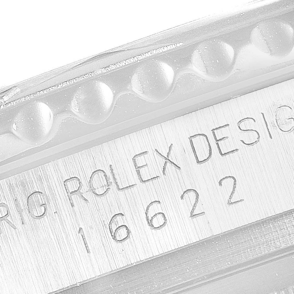 This image shows a close-up of the serial engraving on the body of a Rolex Yacht-Master 16622 Men
s Stainless Steel Silver Dial 16622 Men
s Stainless Steel Silver Dial watch, model number 16622.