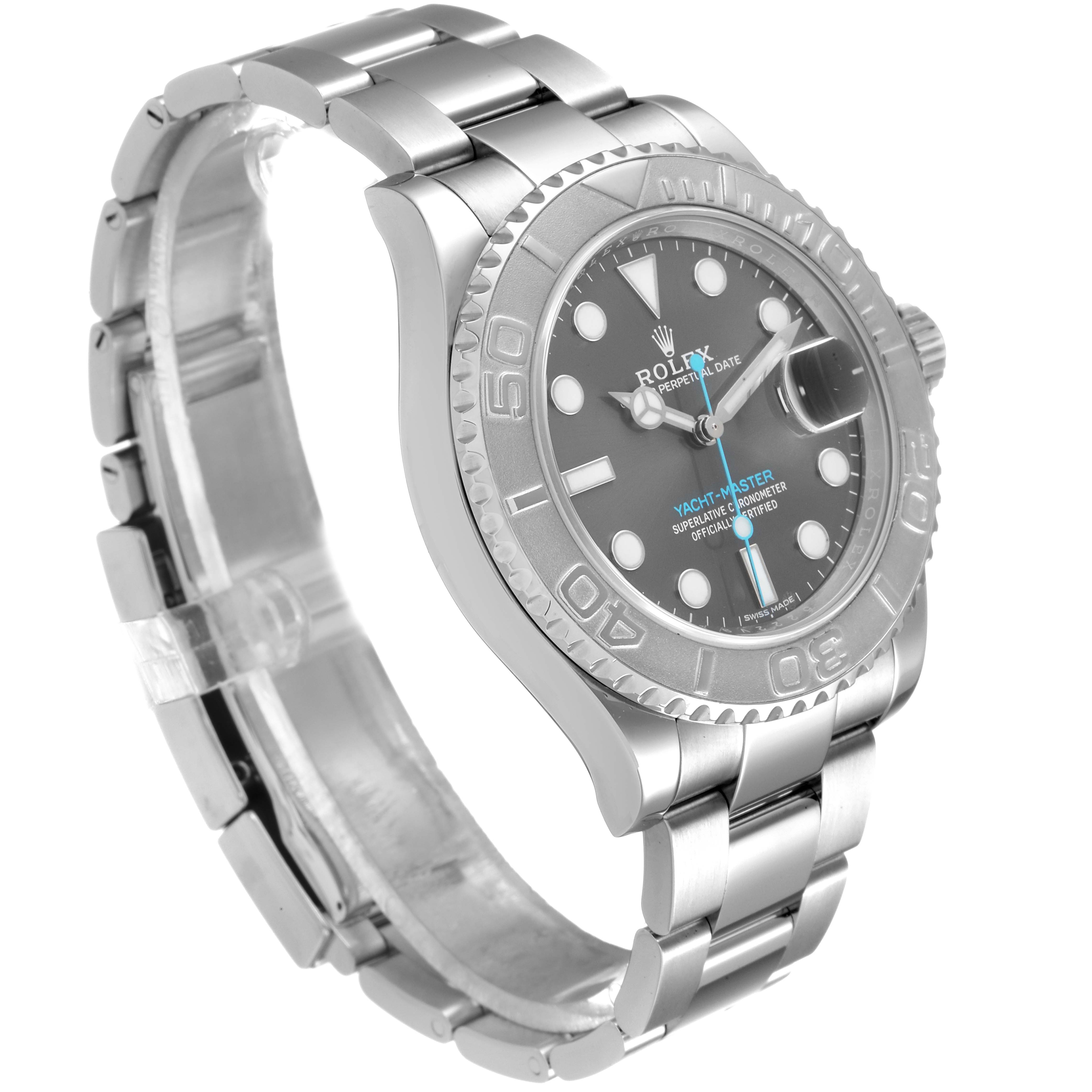 This image shows a side view of the Rolex Yacht-Master 116622 Men
s Stainless Steel Grey Dial 116622 Men
s Stainless Steel Grey Dial watch, highlighting the bracelet, case, and dial.