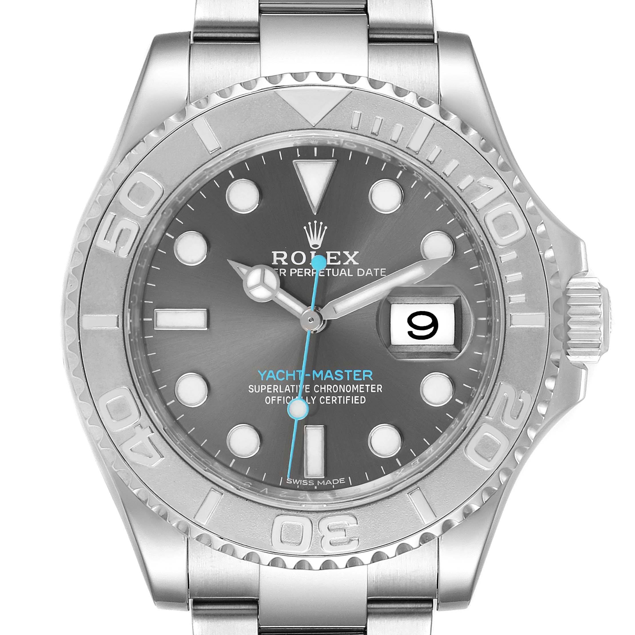 The image shows the front view of the Yacht-Master model by Rolex, featuring its dial, bezel, hands, and bracelet.