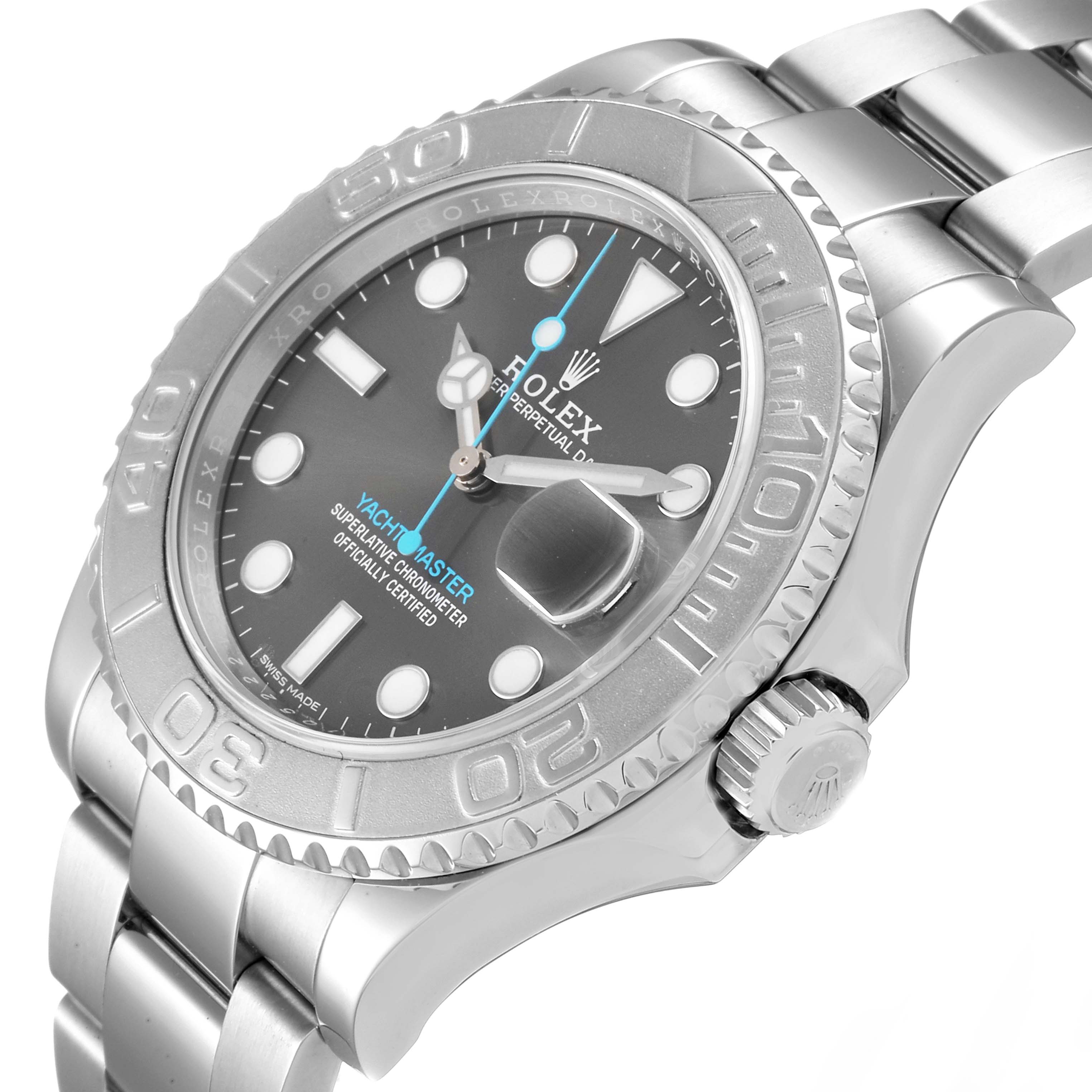 The Rolex Yacht-Master 116622 Men
s Stainless Steel Grey Dial 116622 Men
s Stainless Steel Grey Dial watch is shown from a slight diagonal angle, displaying the face, bezel, and part of the bracelet.