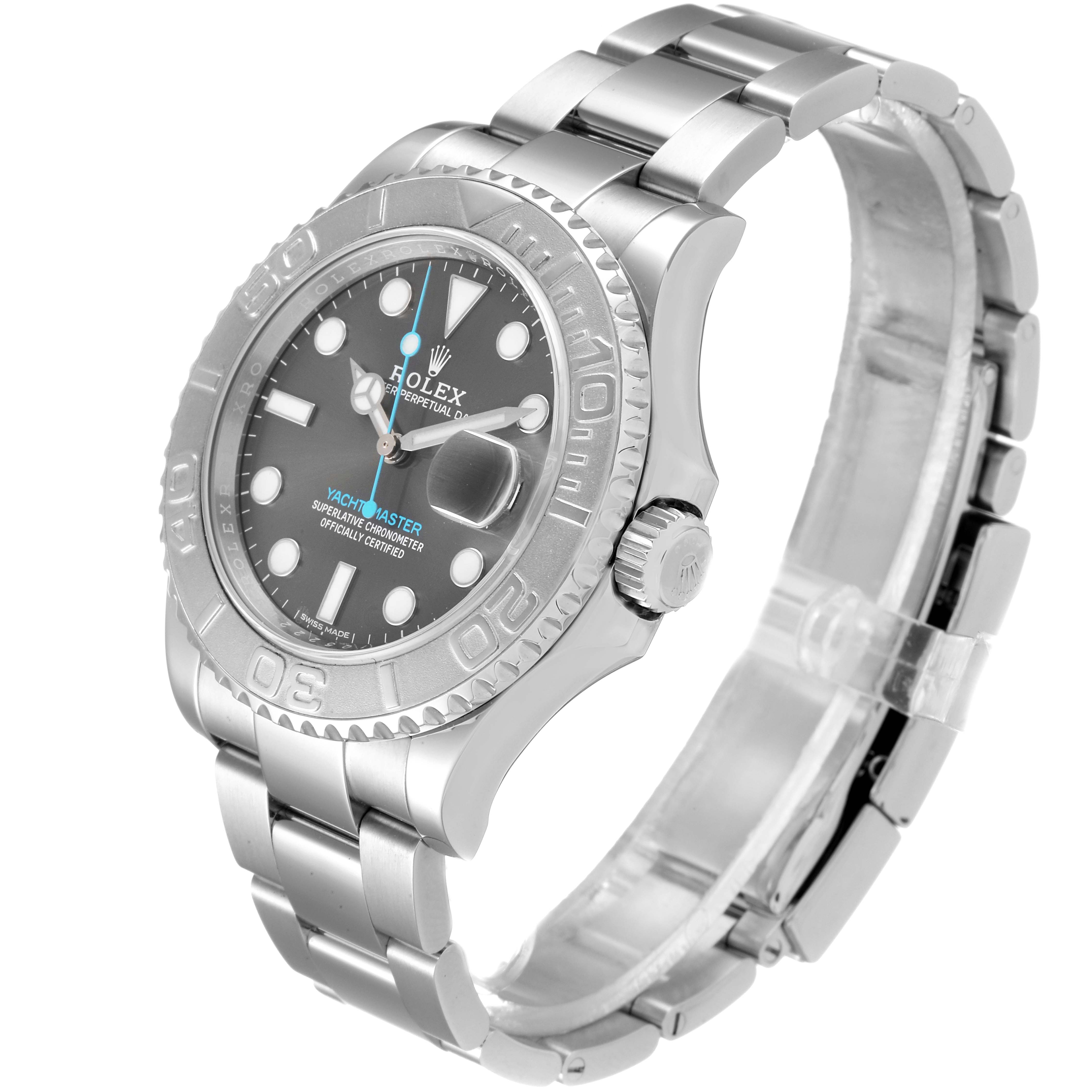 The image shows a Rolex Yacht-Master 116622 Men
s Stainless Steel Grey Dial 116622 Men
s Stainless Steel Grey Dial watch at a three-quarter angle, highlighting its dial, bezel, and bracelet.