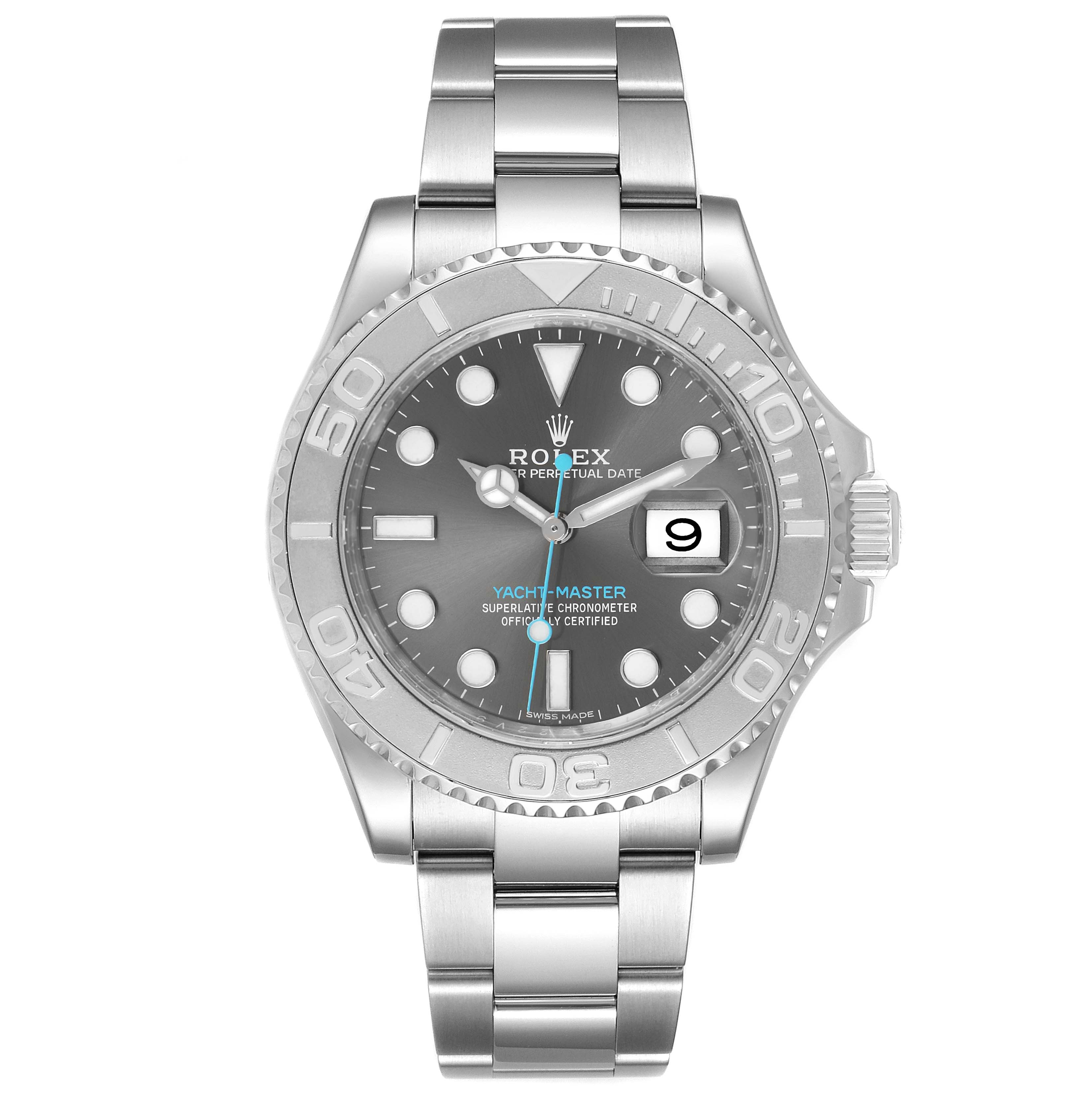 The image shows a front view of a Rolex Yacht-Master 116622 Men
s Stainless Steel Grey Dial 116622 Men
s Stainless Steel Grey Dial watch, highlighting its dial, bezel, and bracelet.
