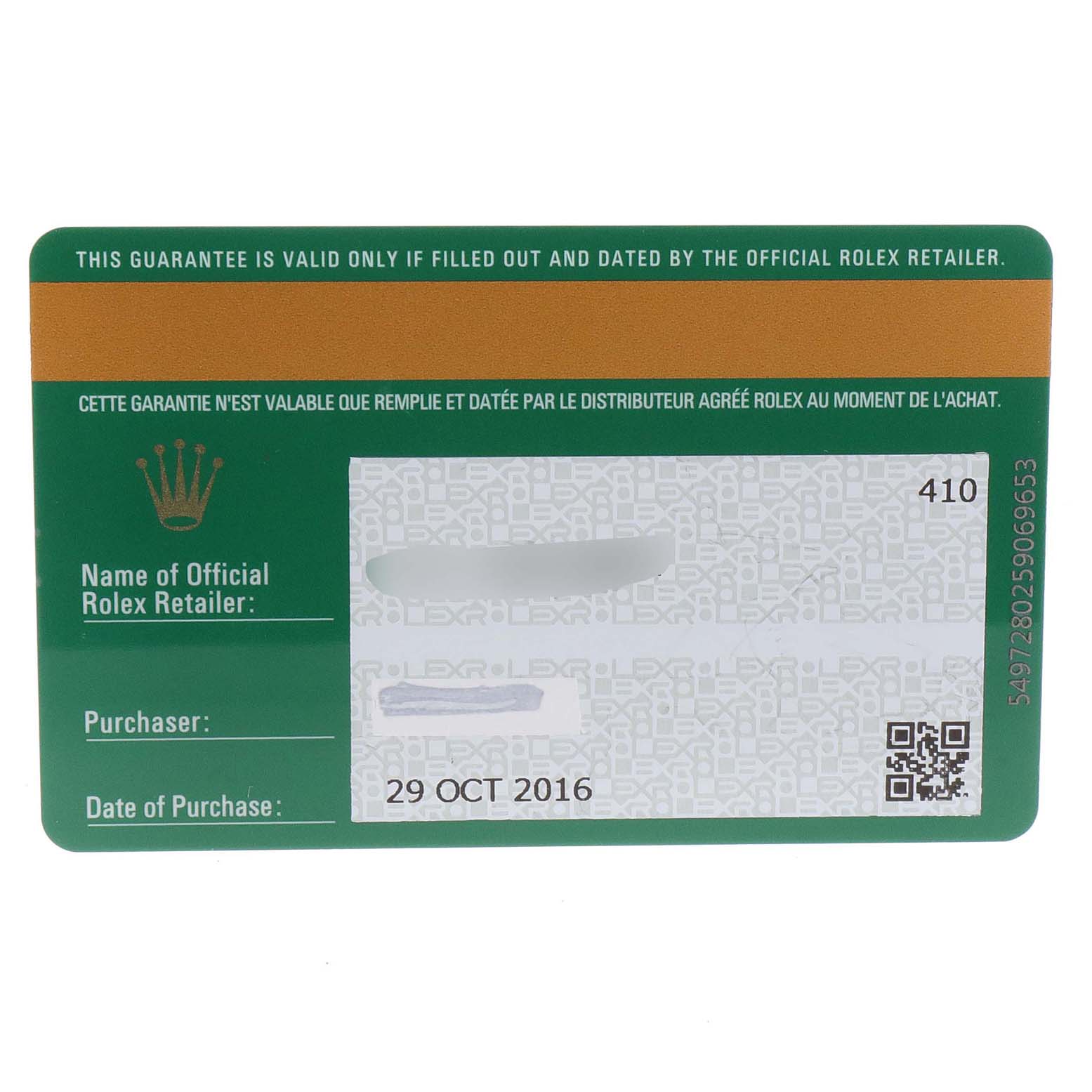 The image shows the warranty card and guarantee information for the Rolex Yacht-Master 116622 Men
s Stainless Steel Grey Dial 116622 Men
s Stainless Steel Grey Dial model, dated 29 October 2016.